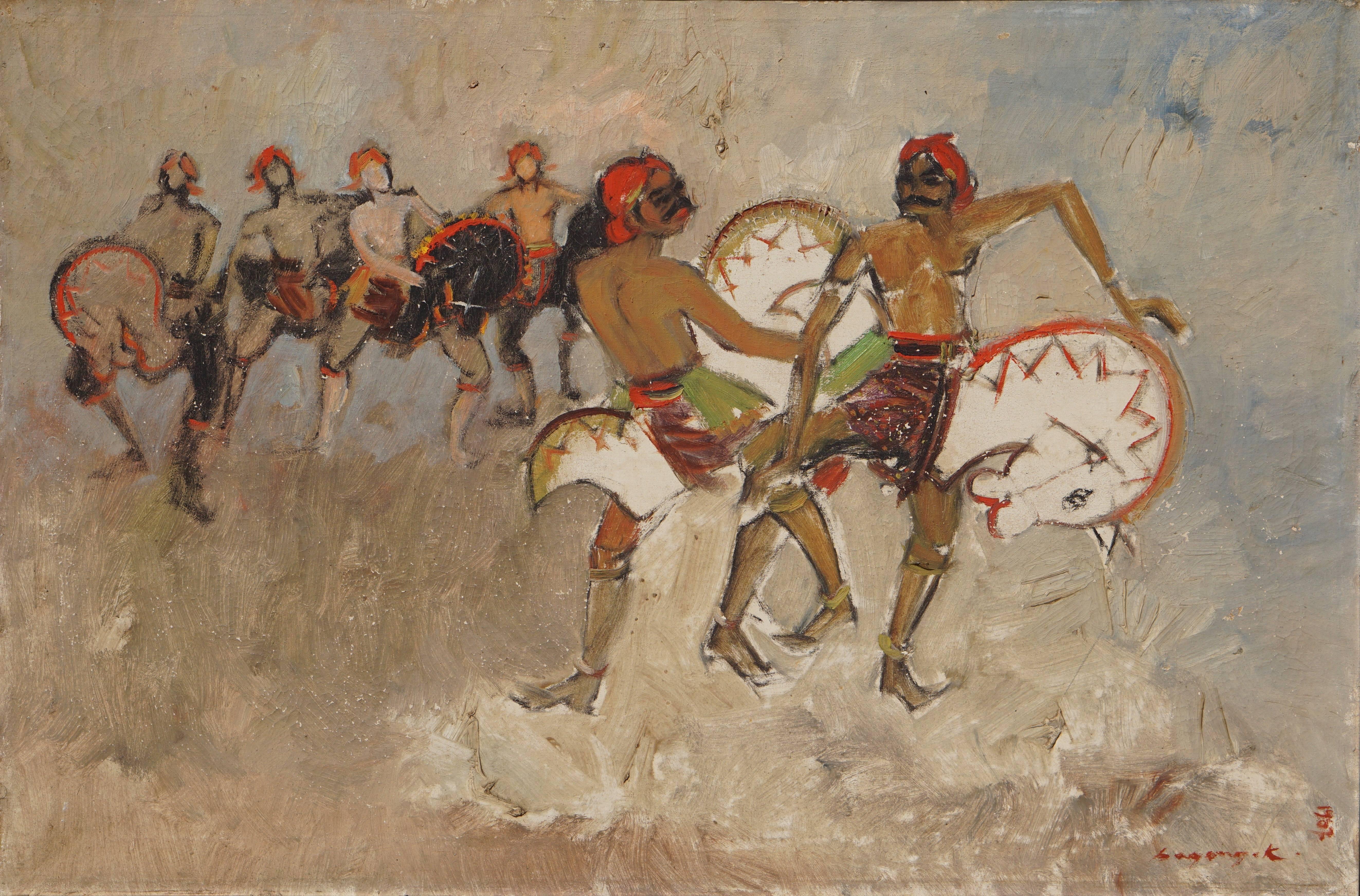 Oil on canvas painting Signed by Bagong Kussudiardja.
Indonesian,1928-2004.
Dancers.

Dimensions including the wooden frame:
Width 95 cm.
height 70 cm.