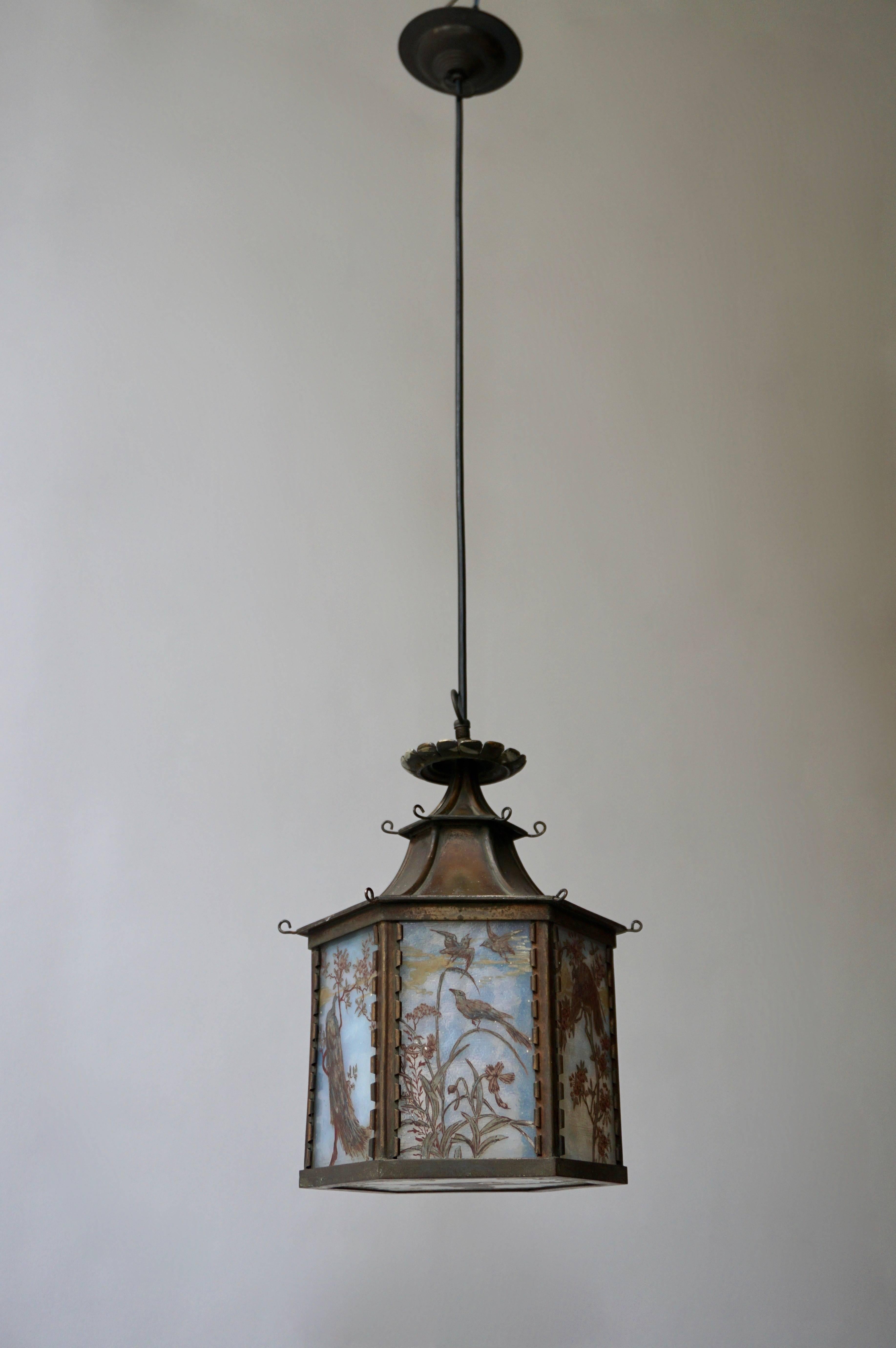 Brass Paint Decorated and Stained Glass Lantern