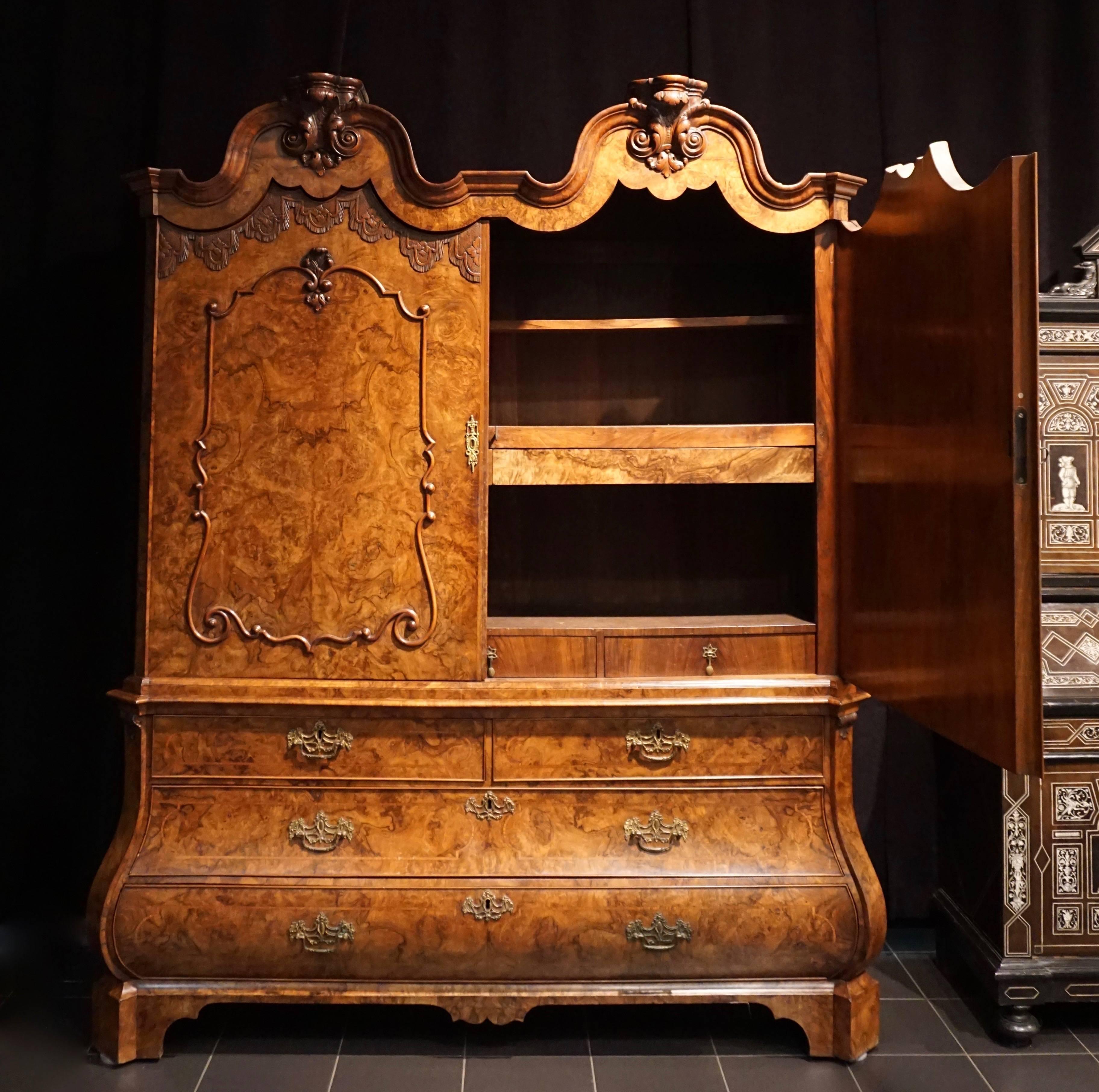 Hand-Crafted Fine Dutch Baroque Double Domed Walnut Cabinet For Sale