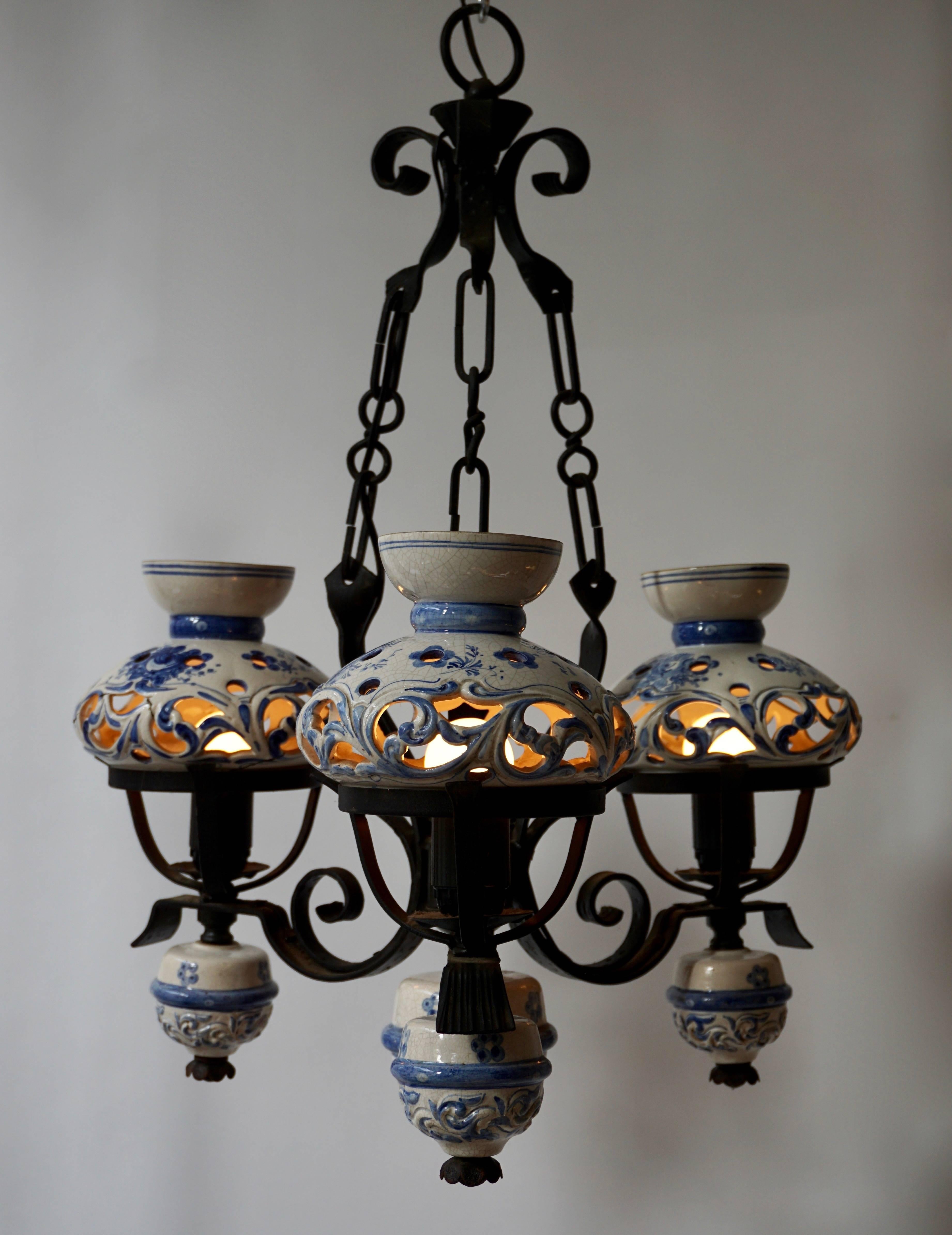 Mid-Century Modern Original Delft's Blue Chandelier