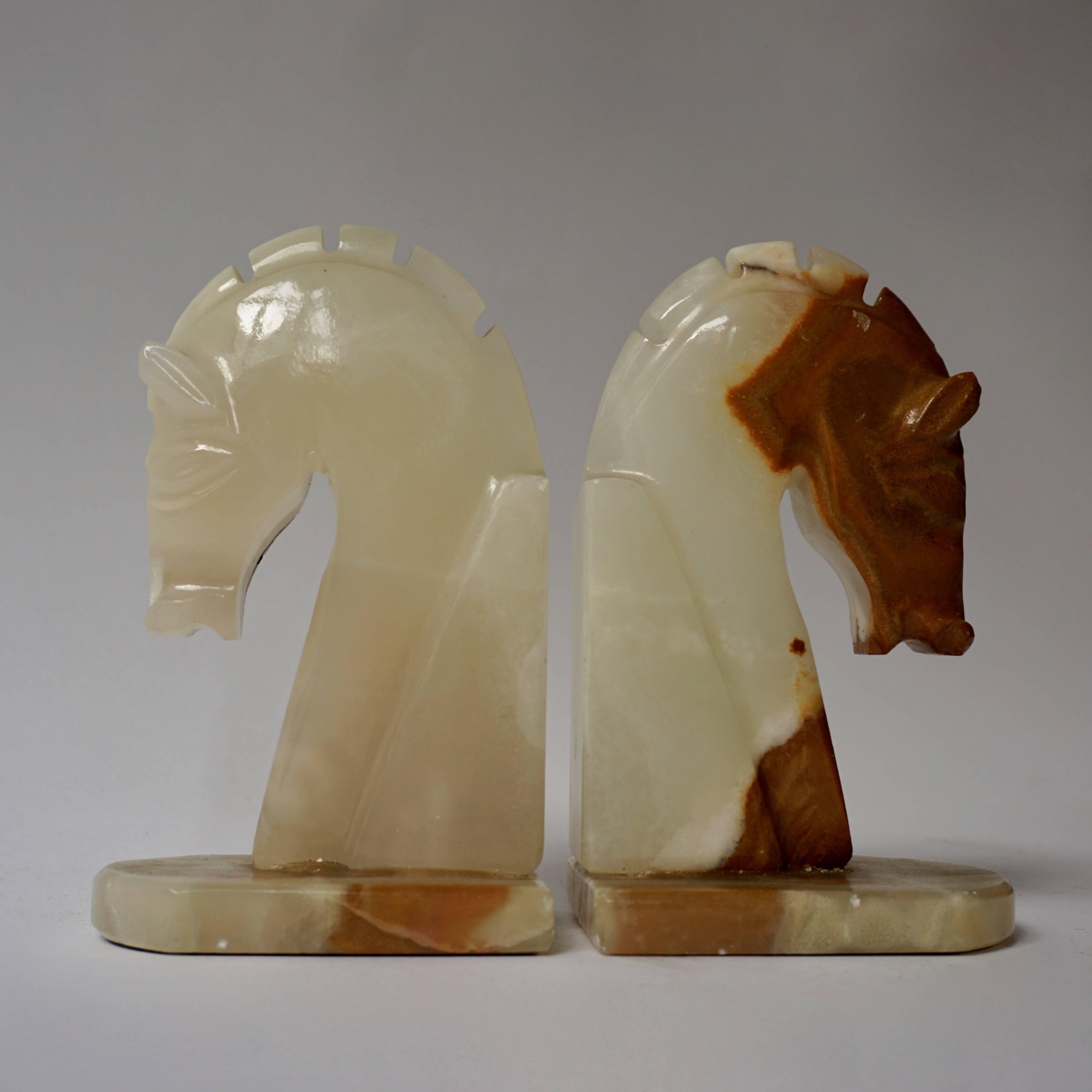 Mid-Century Modern Italian Onyx Horse Art Deco Head Bookends For Sale