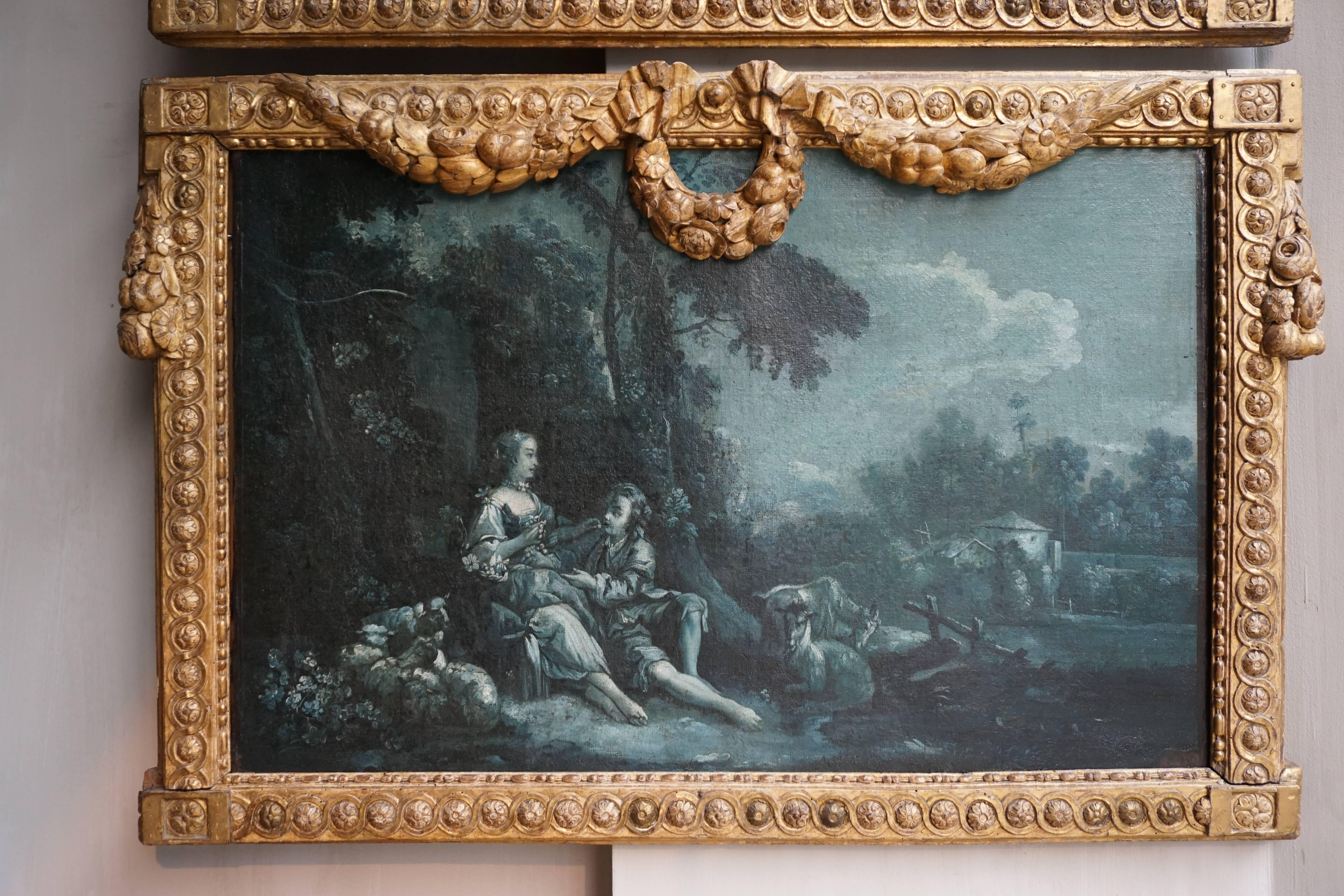 French Very Fine and Rare Pair of Night Blue Grisaille Paintings, France, circa 1775