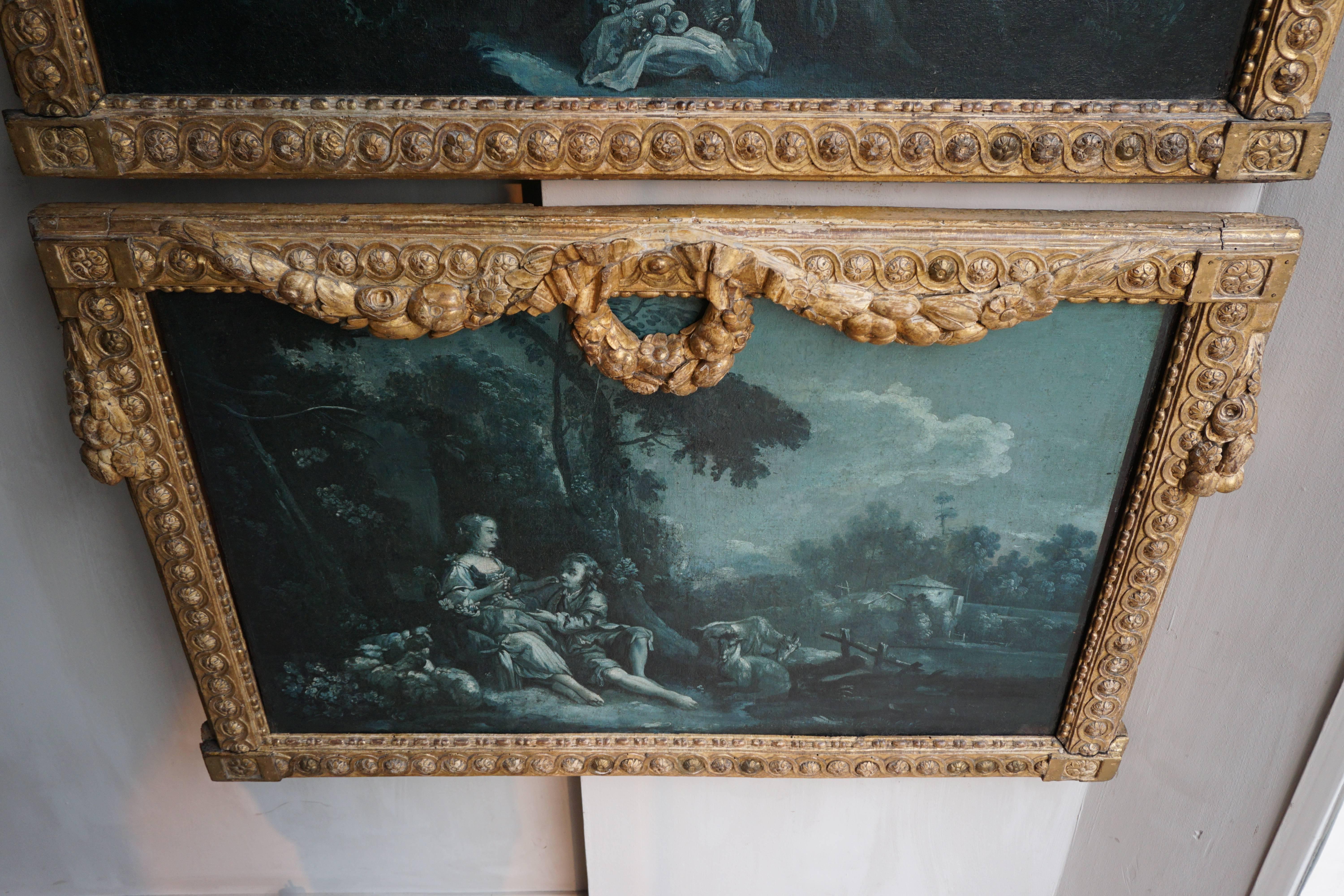 Late 18th Century Very Fine and Rare Pair of Night Blue Grisaille Paintings, France, circa 1775