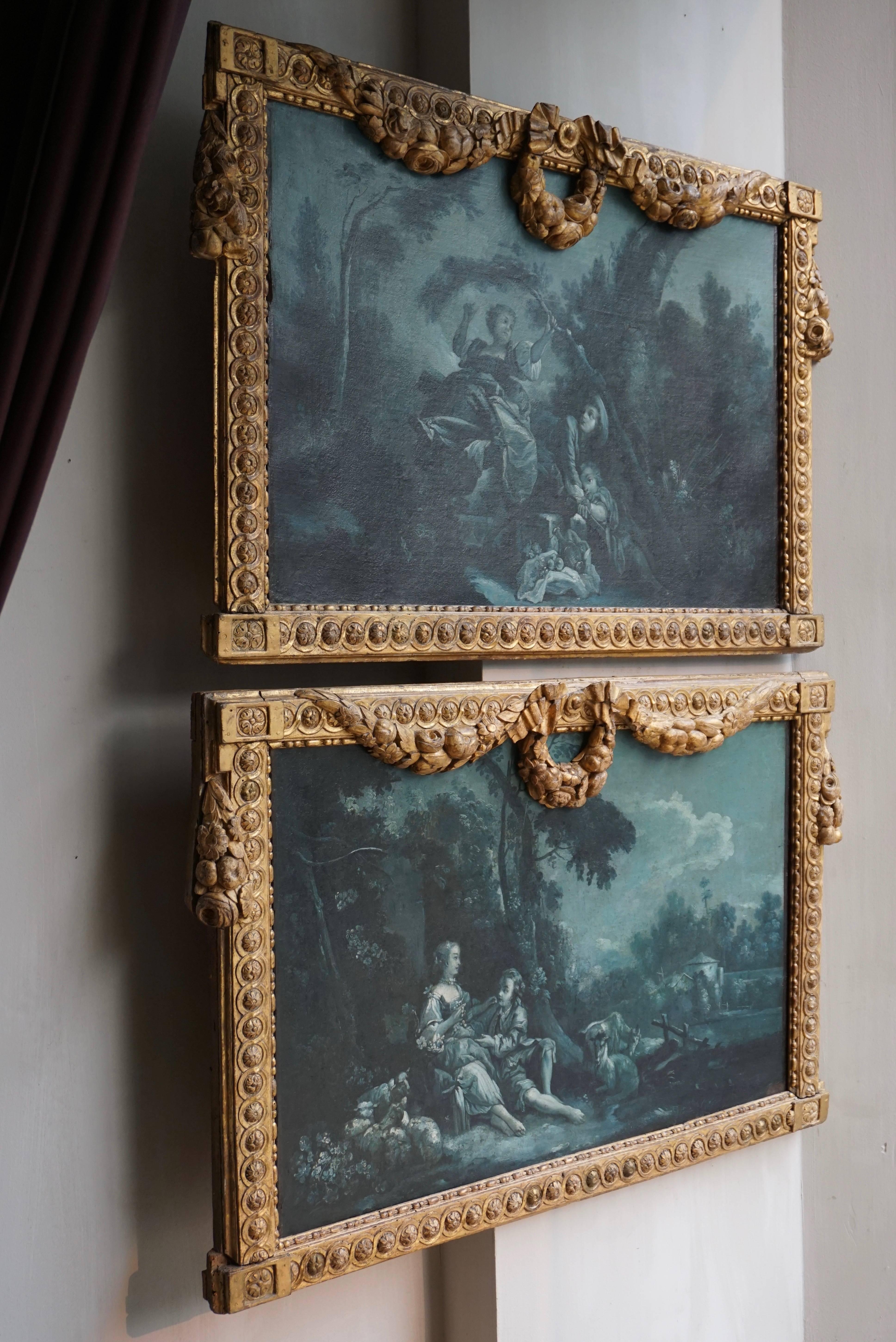 Very Fine and Rare Pair of Night Blue Grisaille Paintings, France, circa 1775 In Good Condition In Antwerp, BE