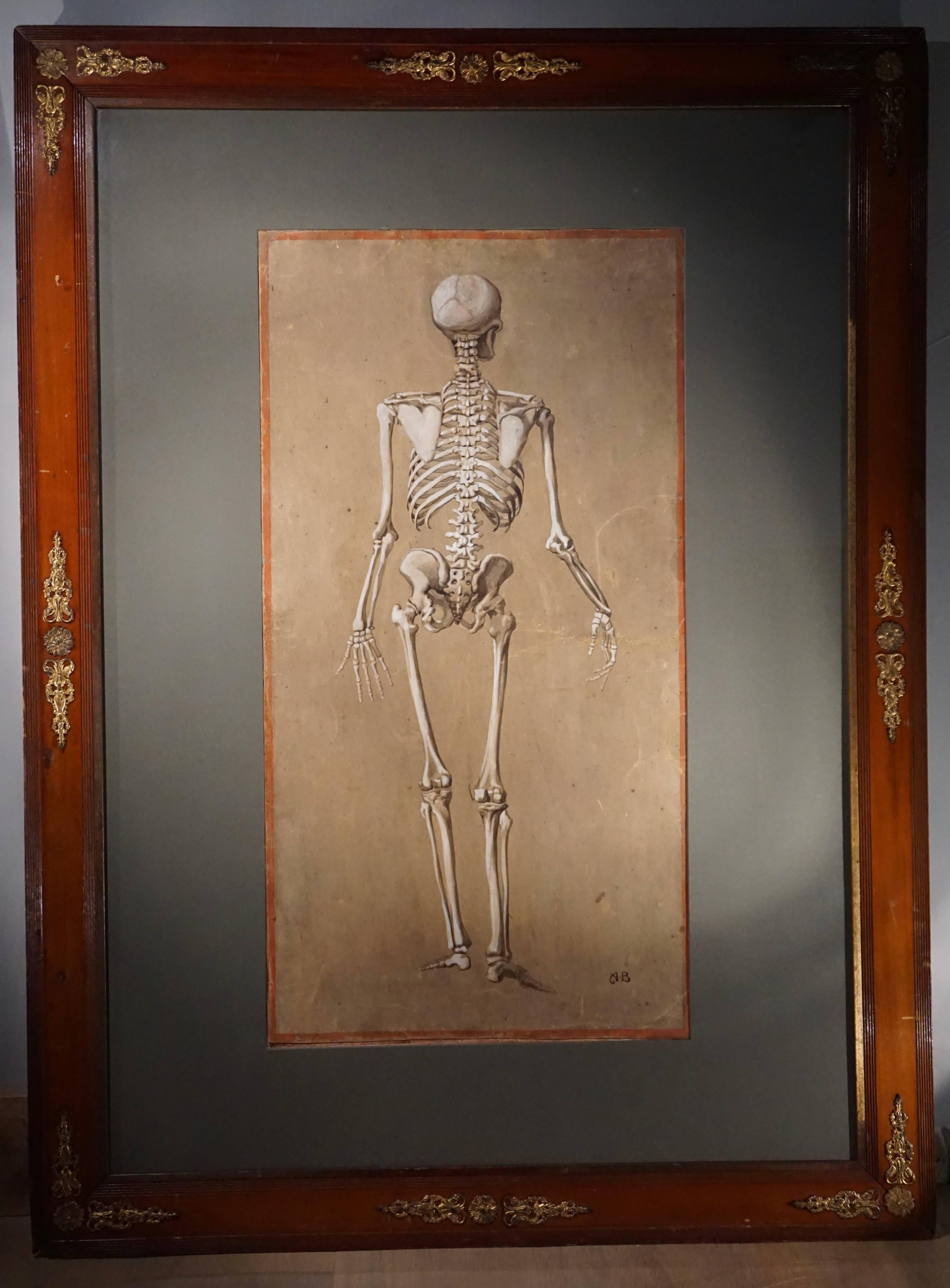 Hand-Painted Spectacular and Rare Pair of Watercolor Paintings Representing a Skeleton