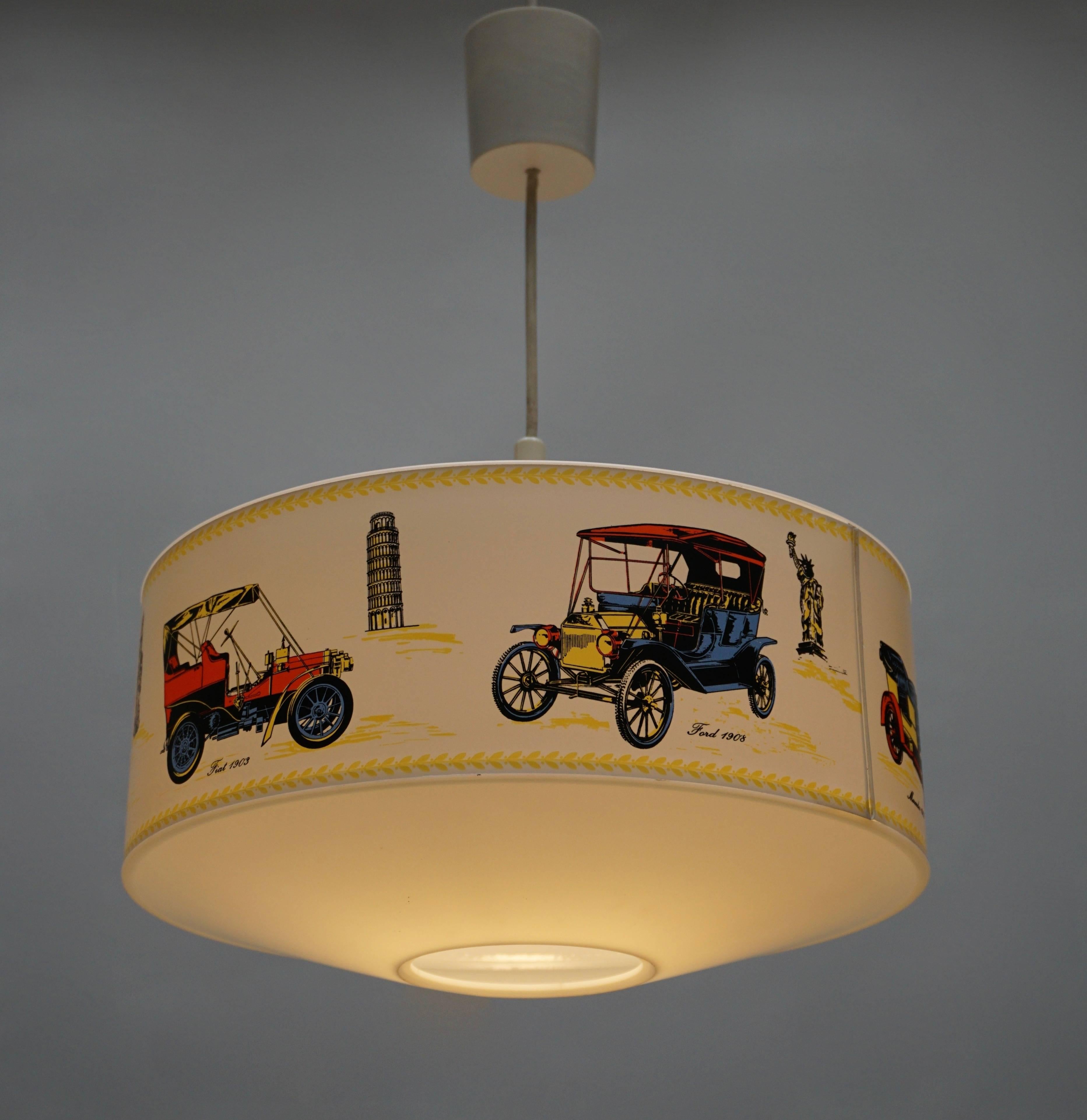 Mid-Century Modern Pendant Light Decorated with Oldtimers For Sale