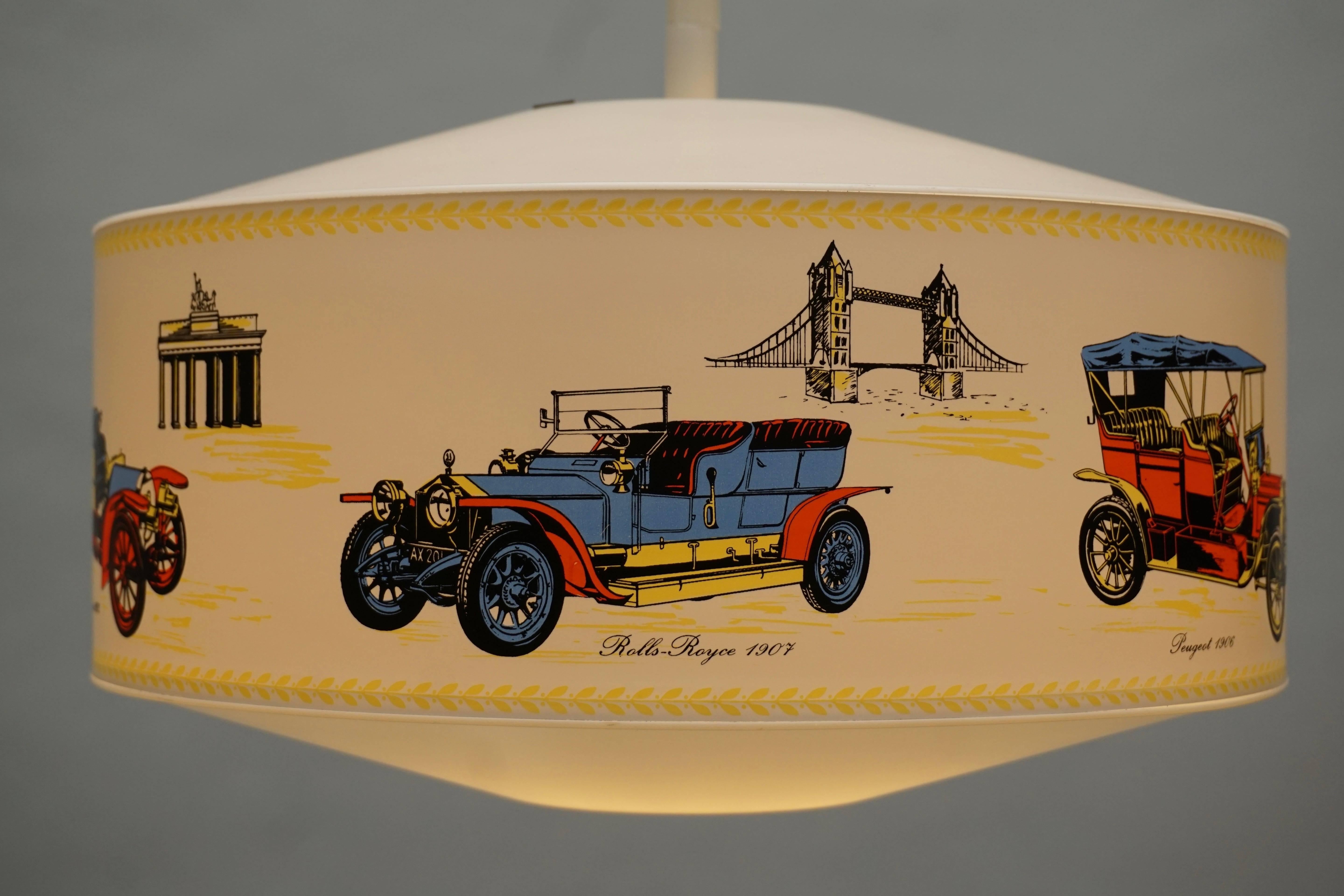 Acrylic Pendant Light Decorated with Oldtimers For Sale
