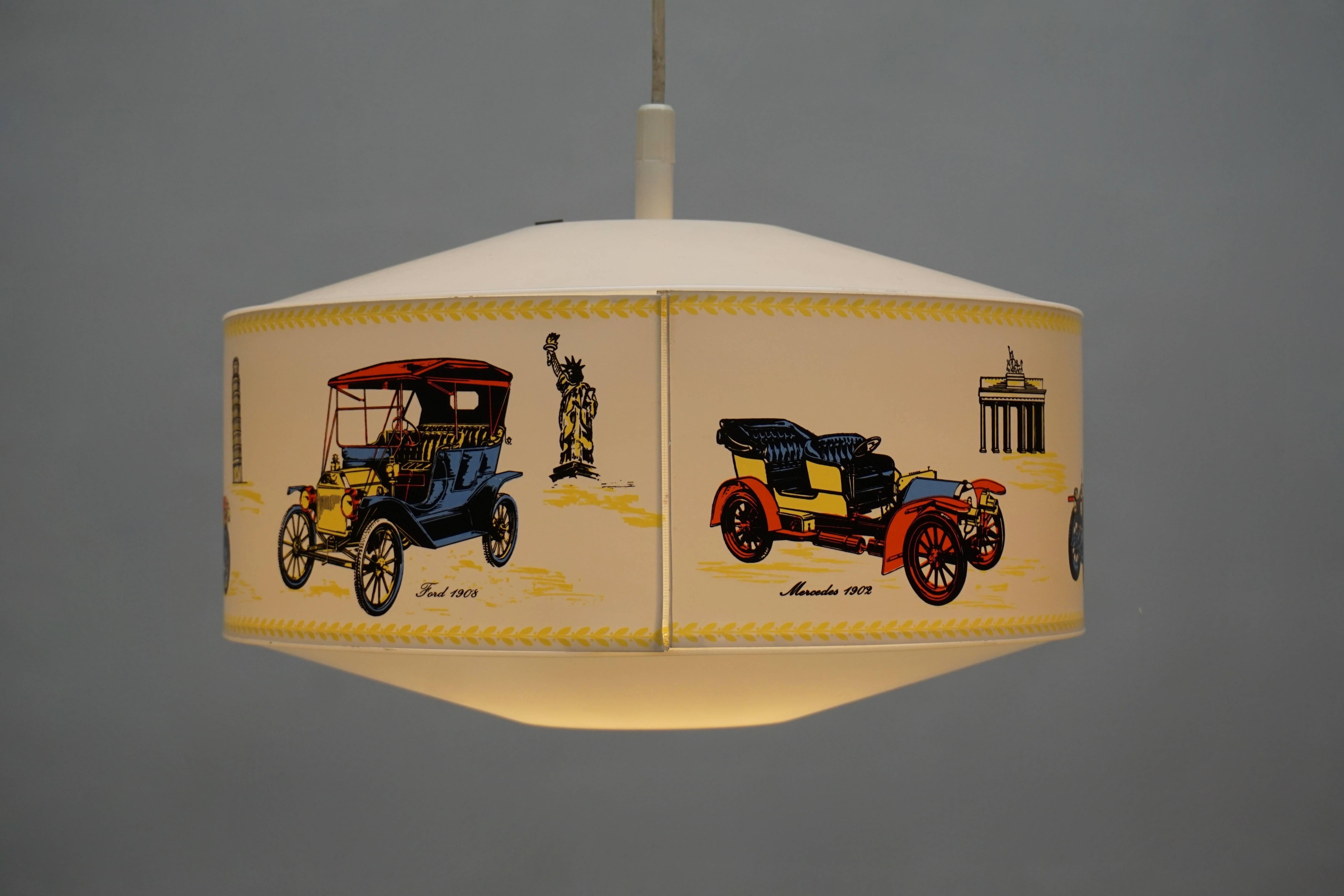 French Pendant Light Decorated with Oldtimers For Sale