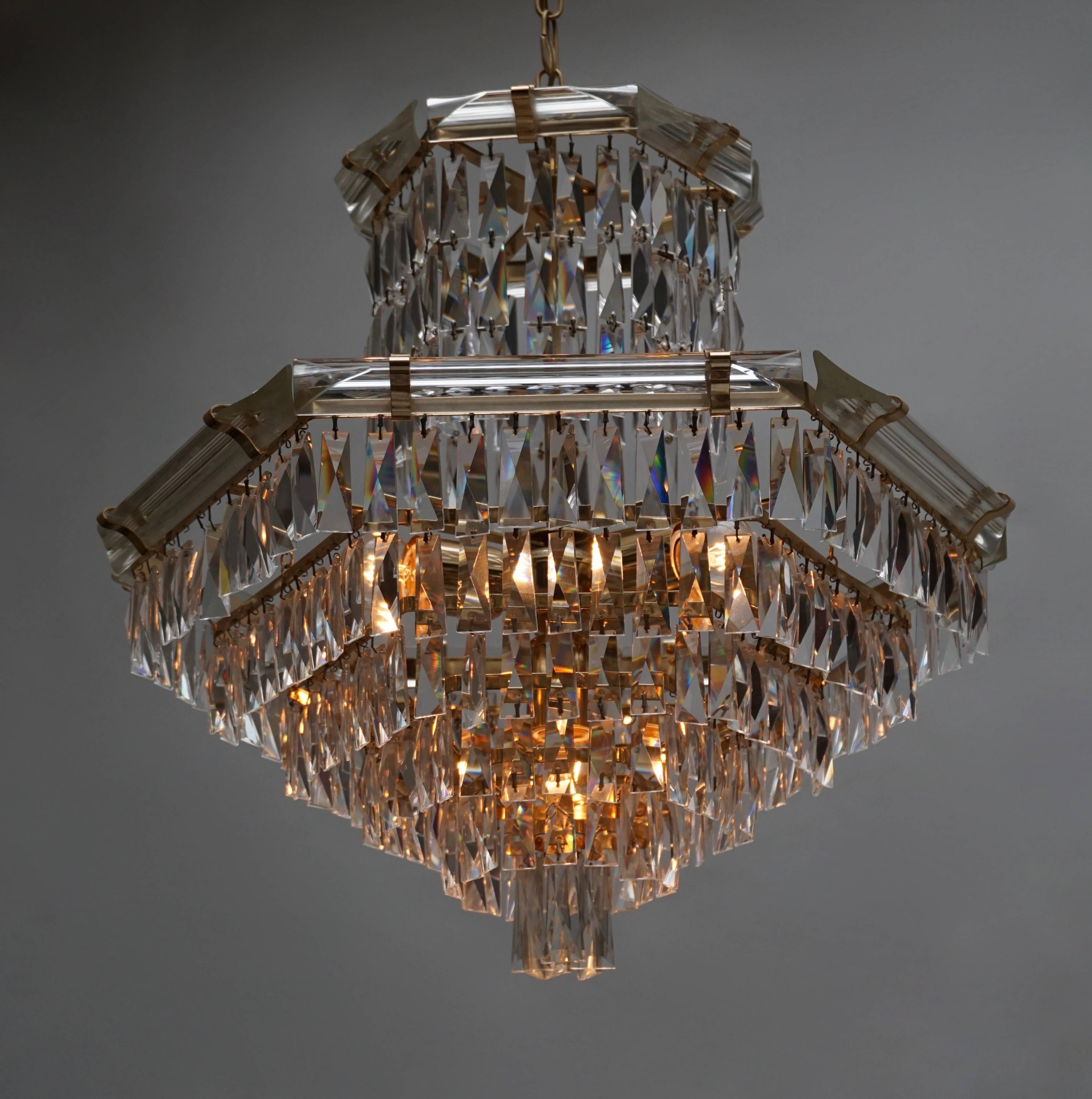 Mid-Century Modern Crystal and Brass Chandelier