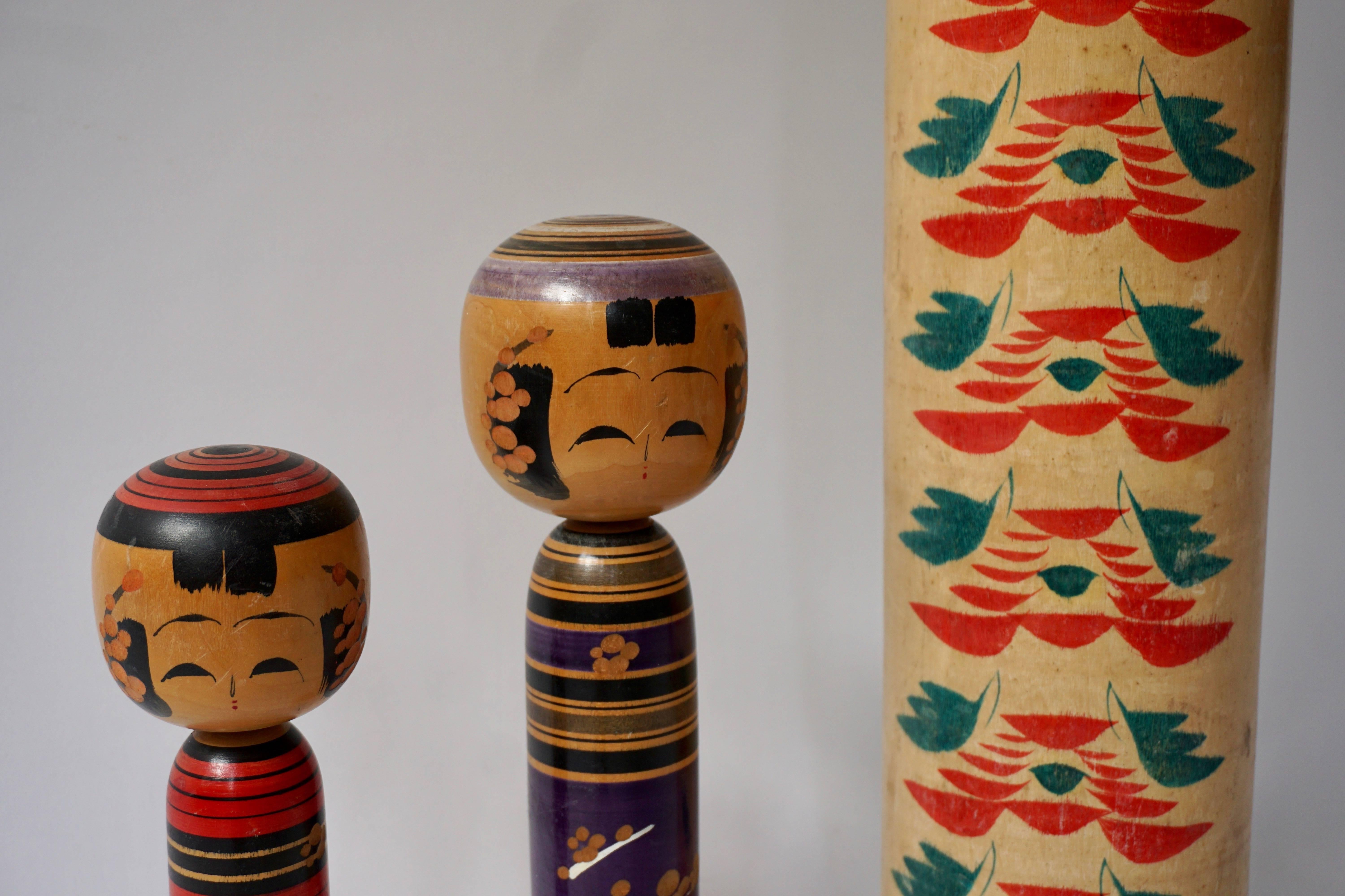 Mid-Century Modern Set of Three Kokeshi Dolls from Northern Japan For Sale