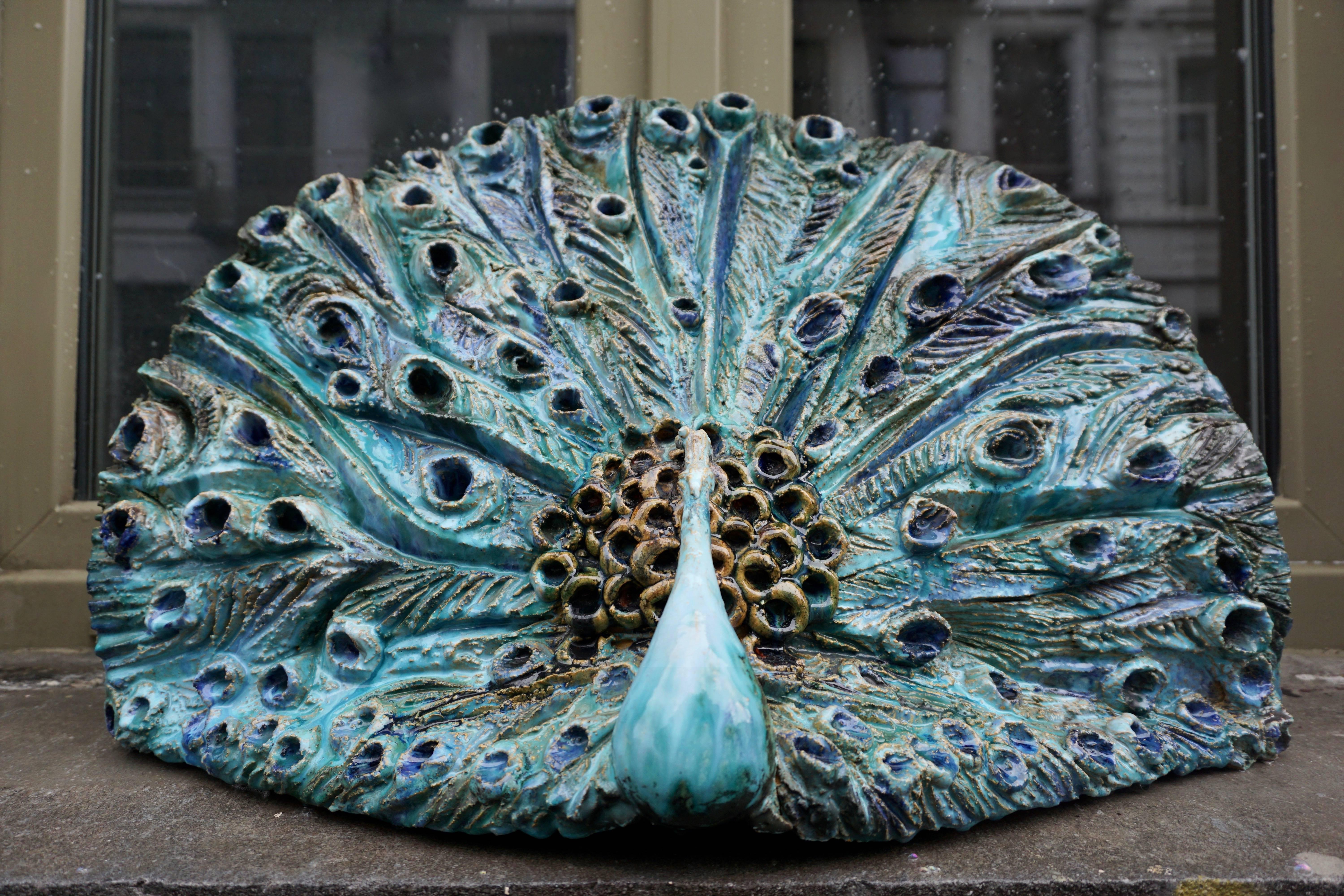 Italian Extraordinary Ceramic Peacock For Sale