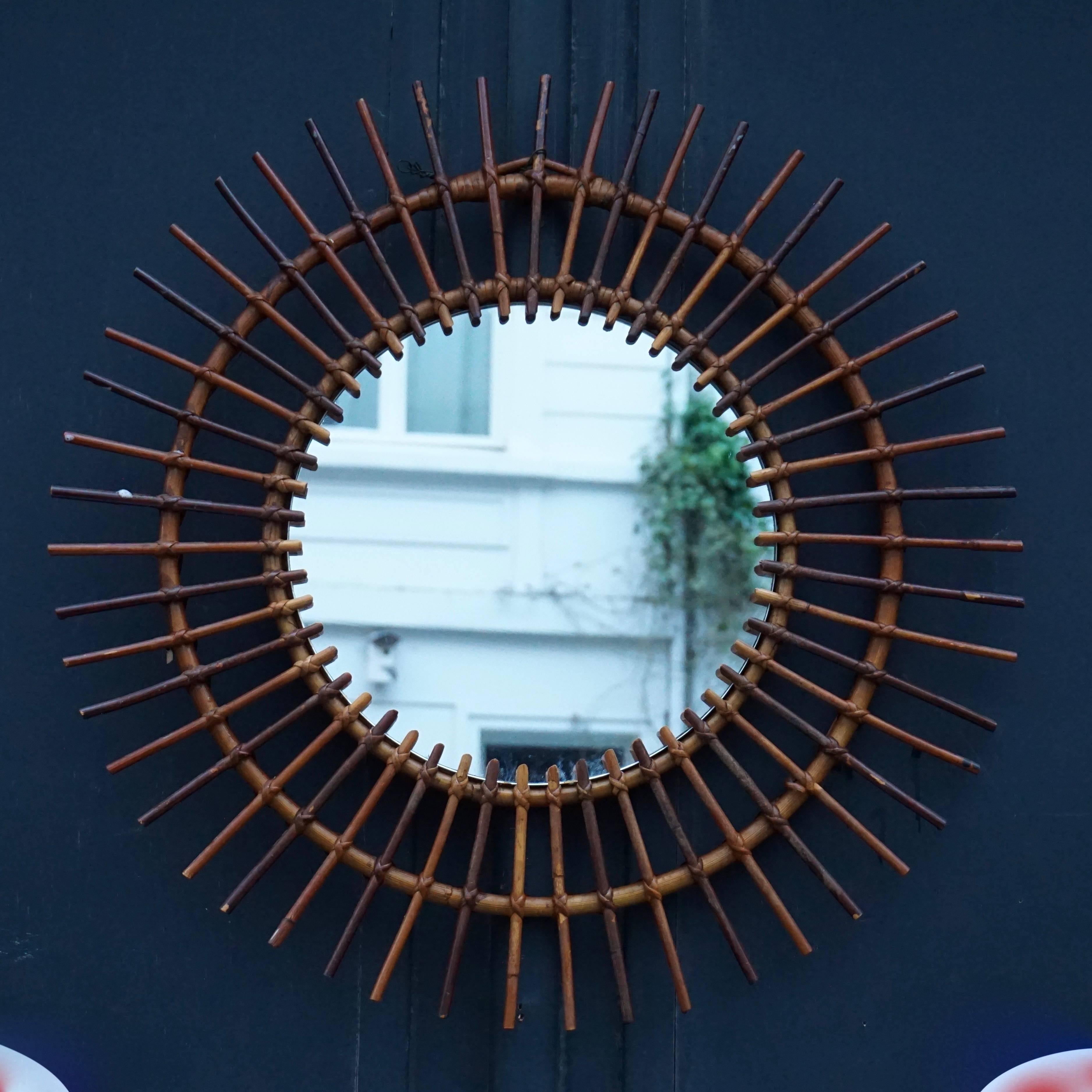 Mid-Century Modern 1960s Italian Rattan Sunburst Mirror