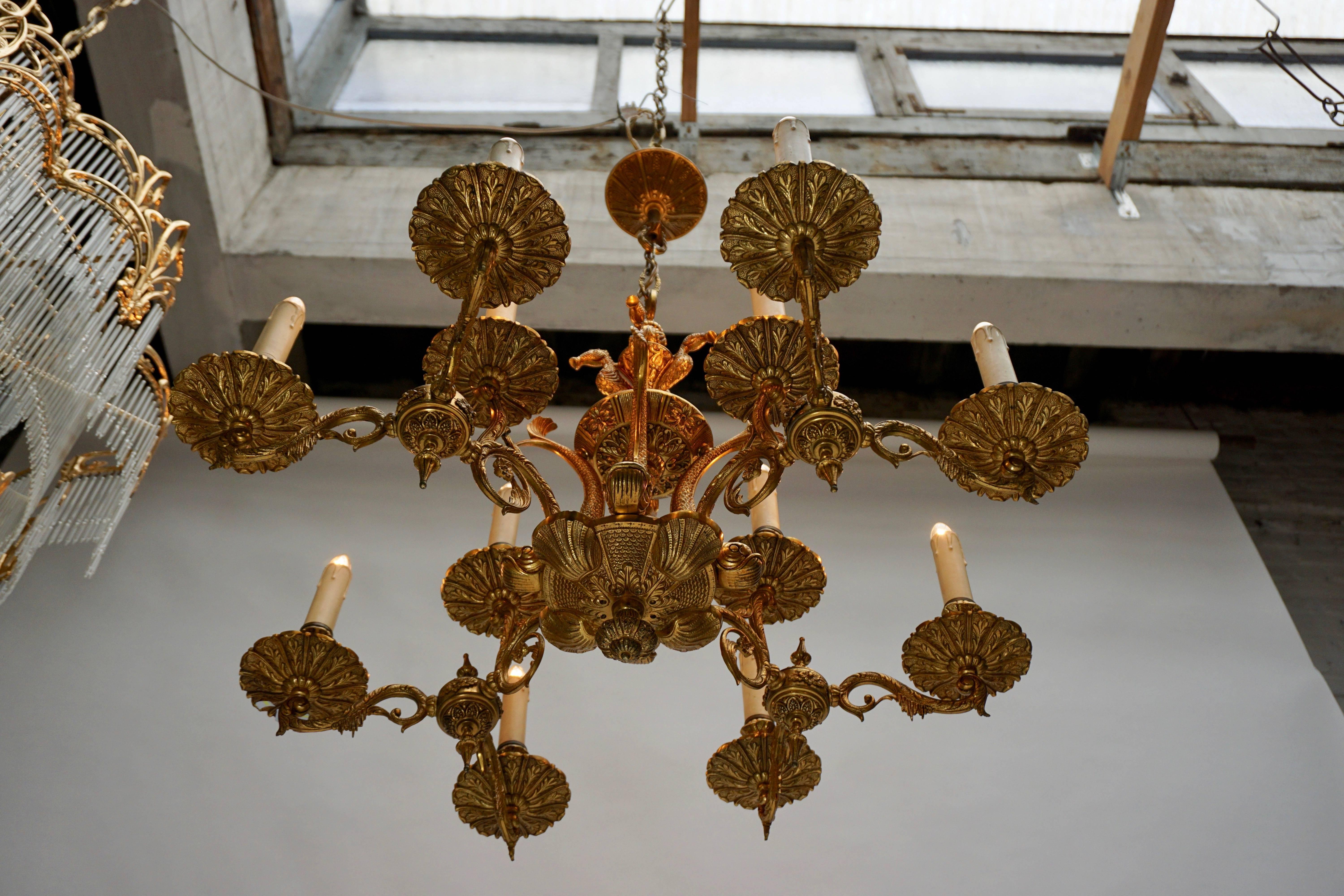 Hollywood Regency Beautiful and Elegant Solid Bronze Chandelier with Fishes in the Centre