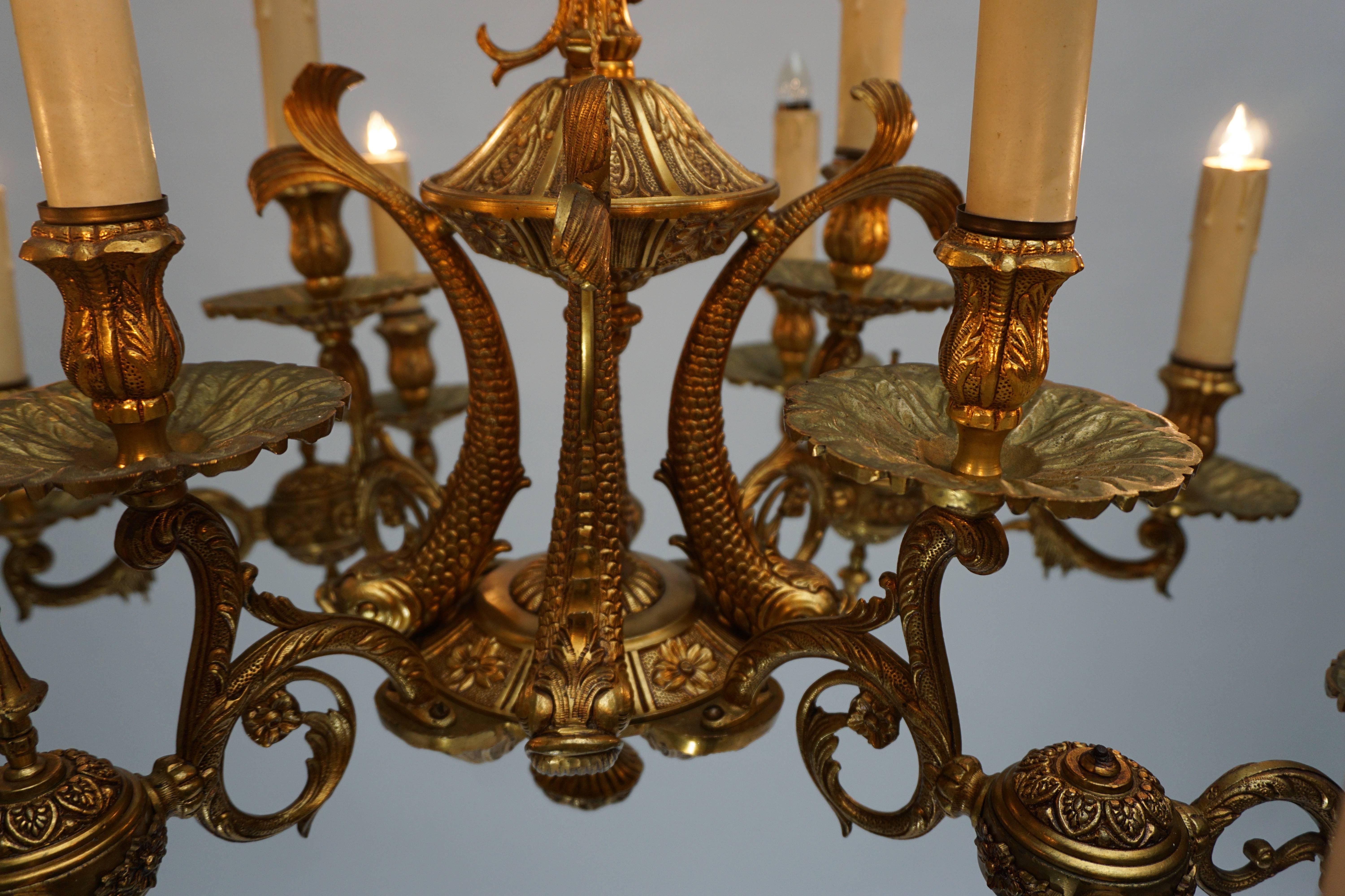 20th Century Beautiful and Elegant Solid Bronze Chandelier with Fishes in the Centre