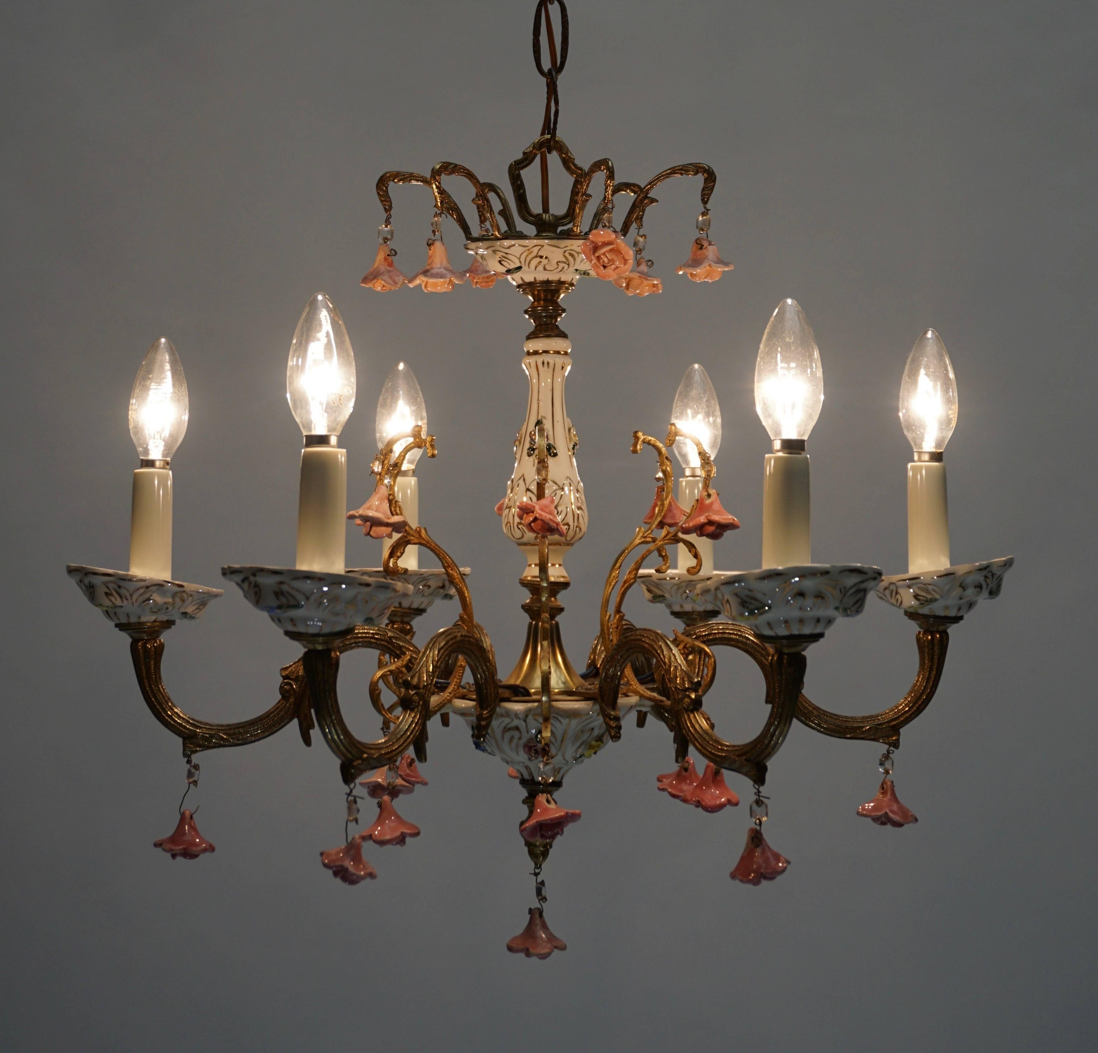Mid-Century Modern Chandelier in Gilt Iron with Porcelain Flowers