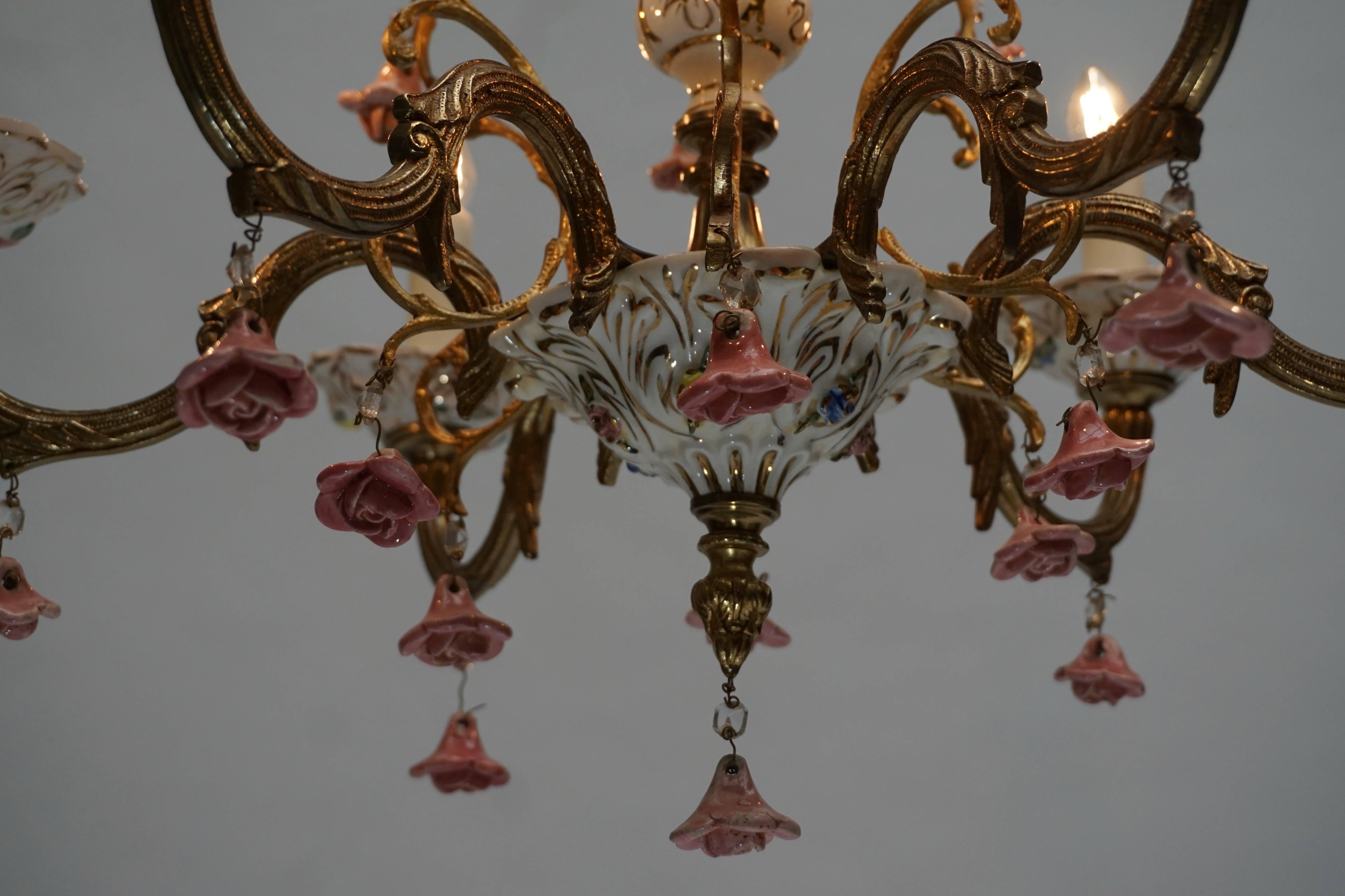 Chandelier in Gilt Iron with Porcelain Flowers 2