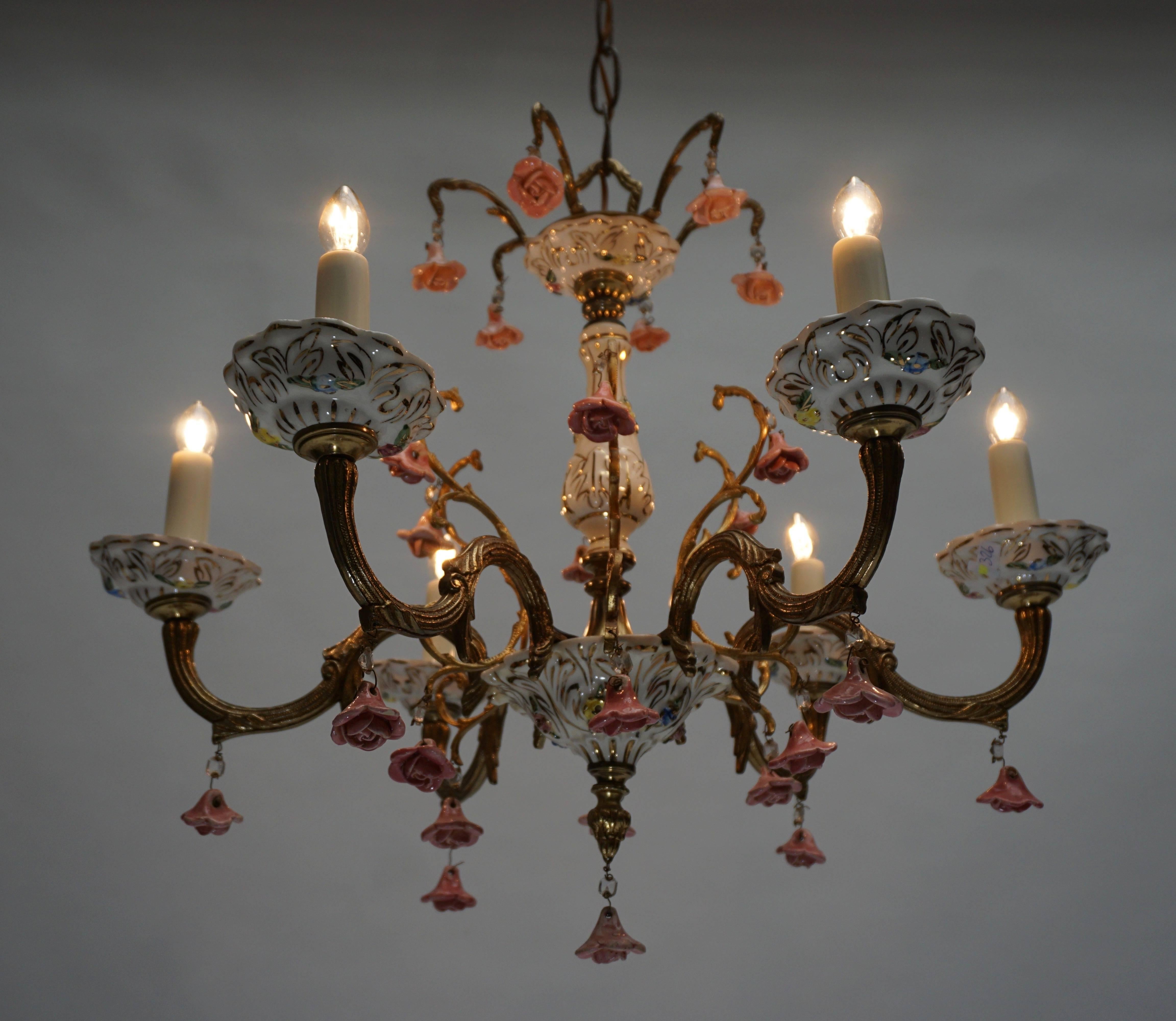 Chandelier in Gilt Iron with Porcelain Flowers 1
