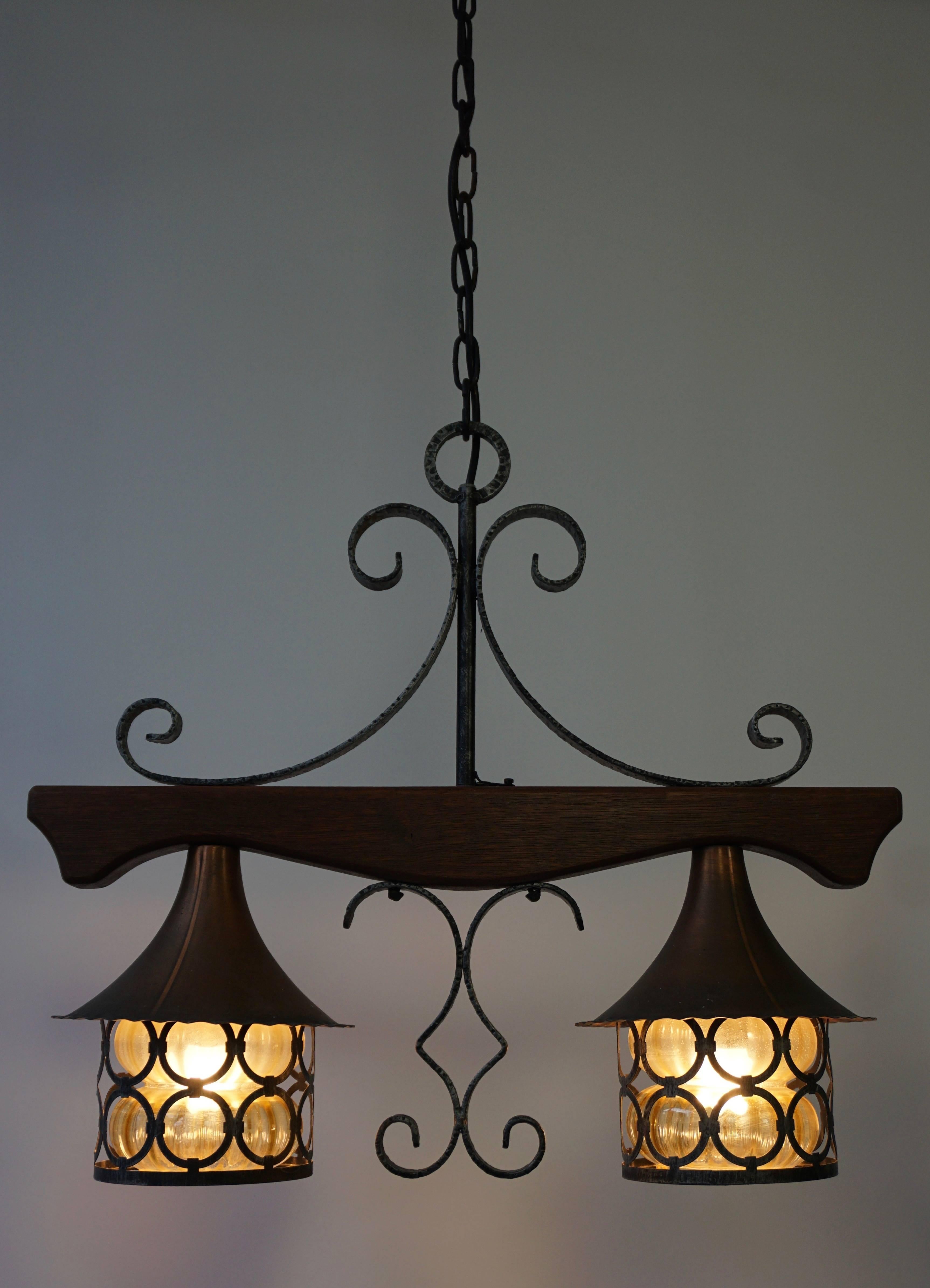 Belgian Copper and Wooden Pendant Light