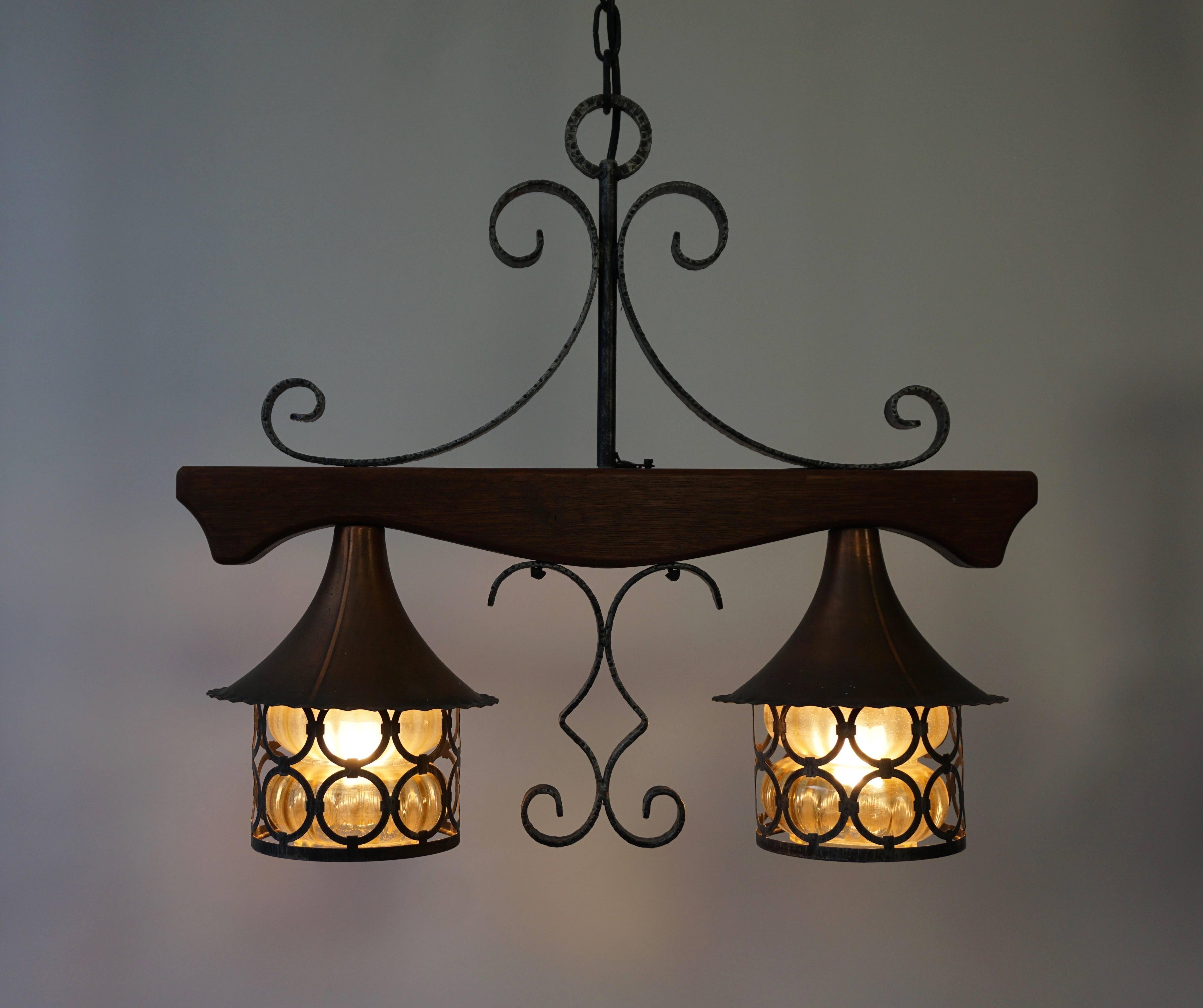 copper and wood pendant light