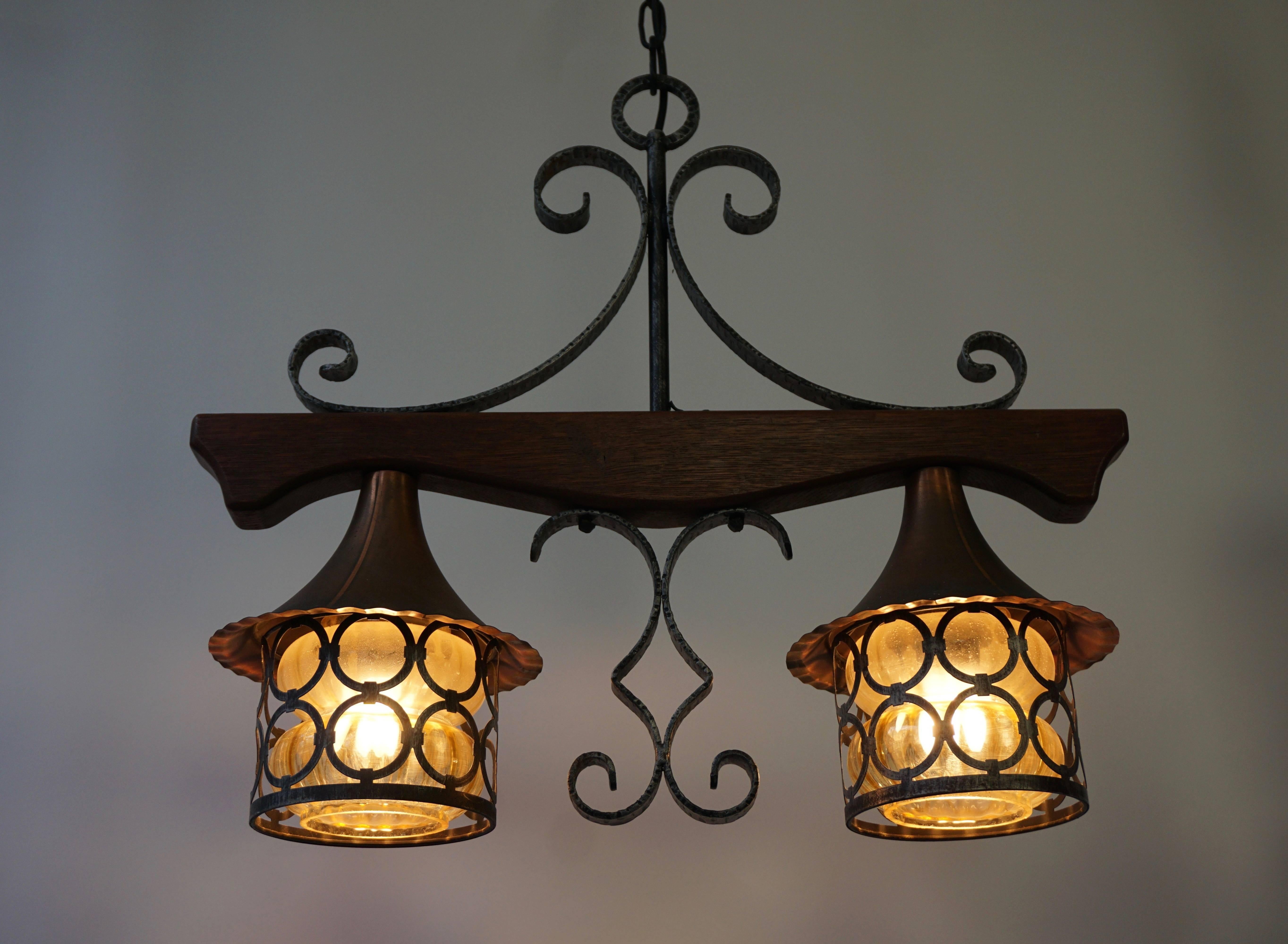 Mid-Century Modern Copper and Wooden Pendant Light