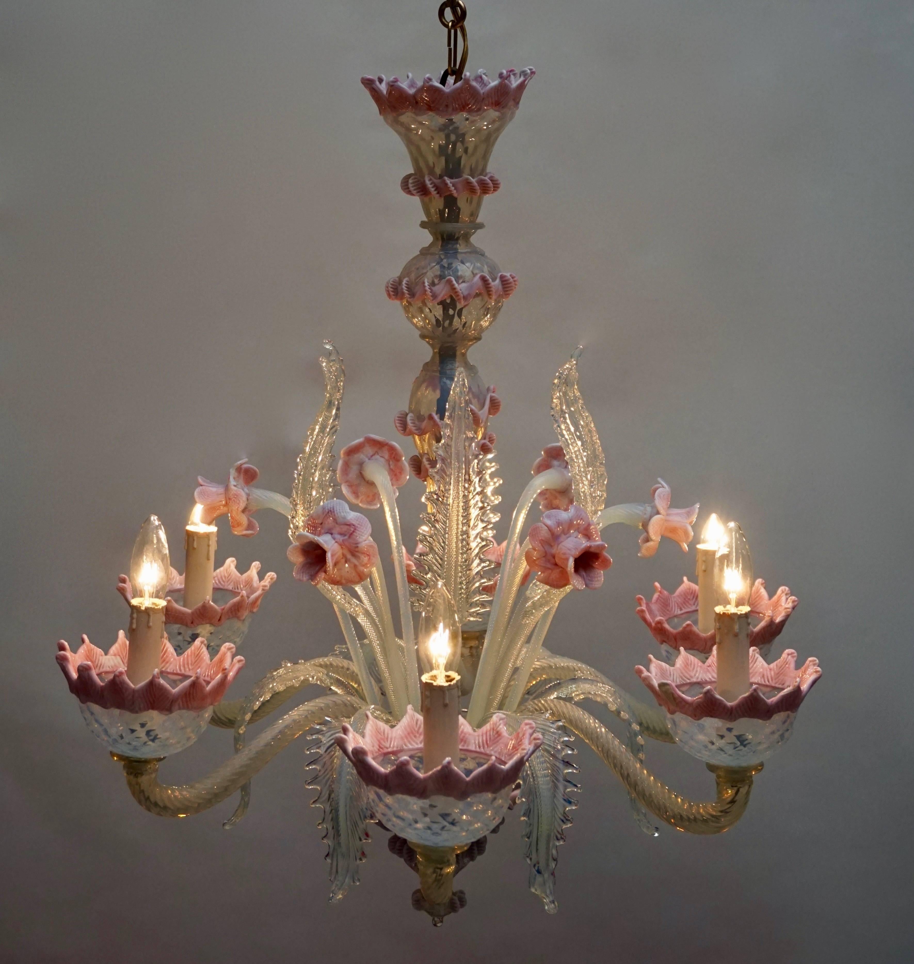 Mid-Century Modern Venetian Six-Light Glass Chandelier For Sale