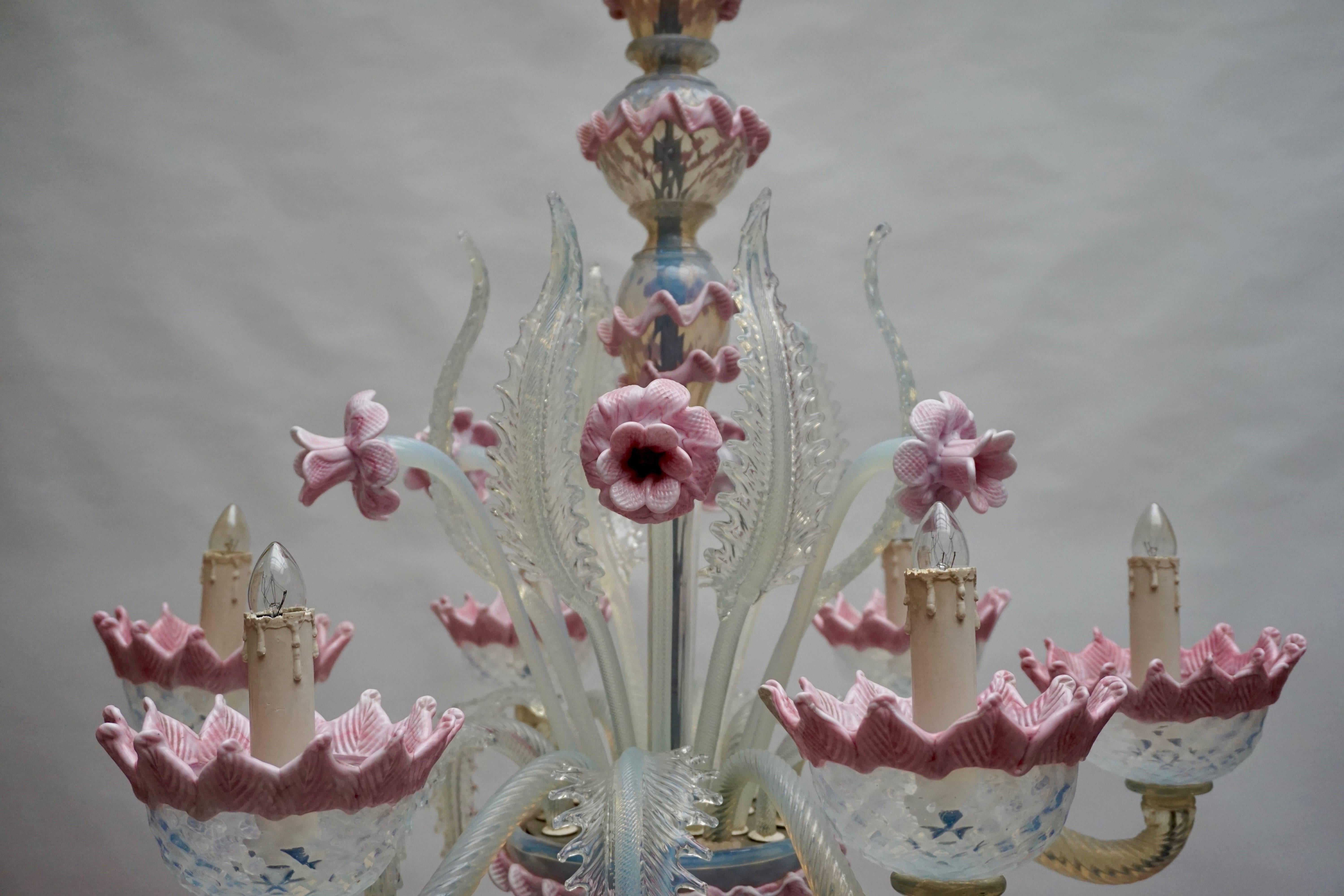 Italian Venetian Six-Light Glass Chandelier For Sale