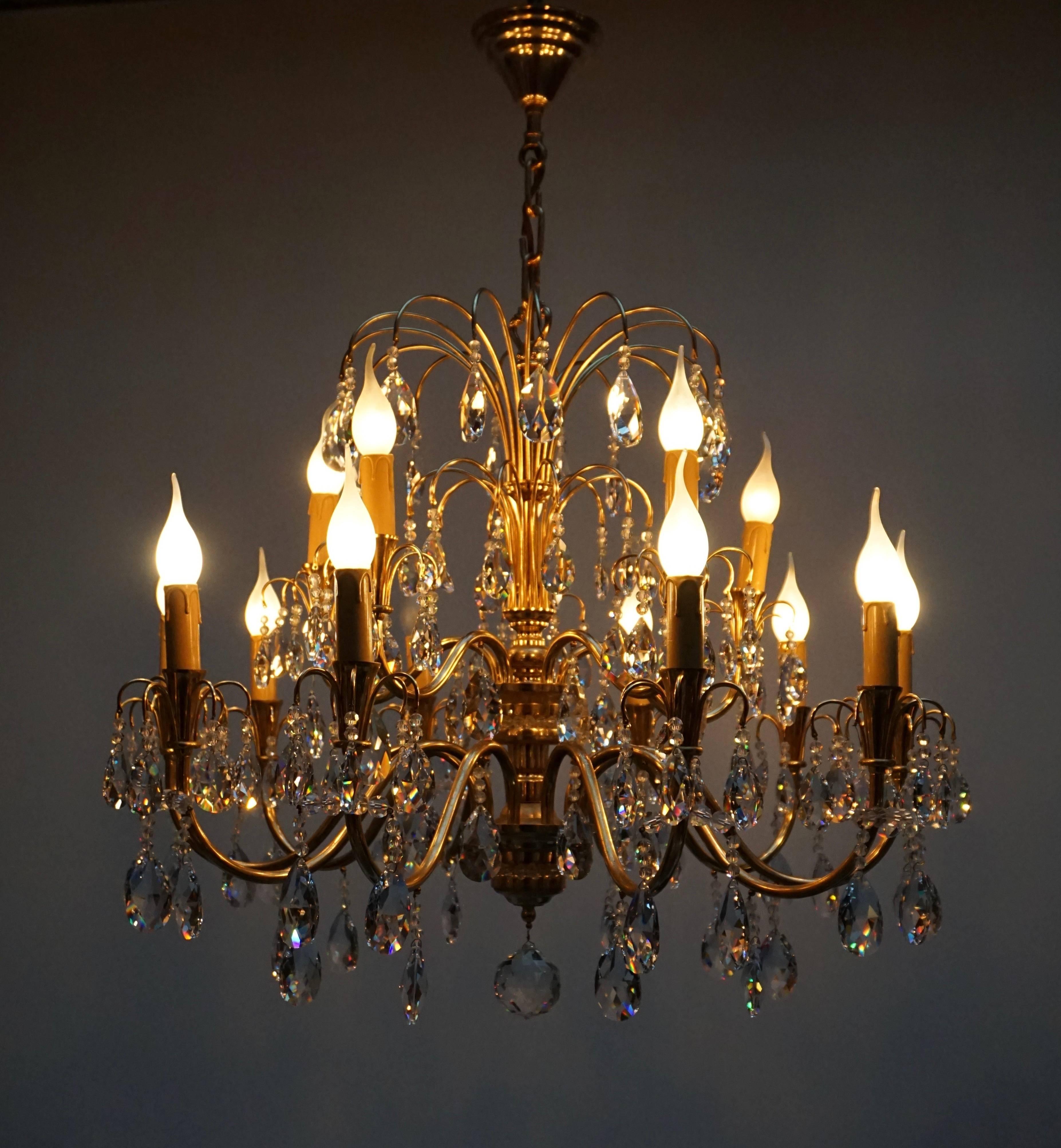 Brass and Crystal Glass Chandelier In Good Condition In Antwerp, BE