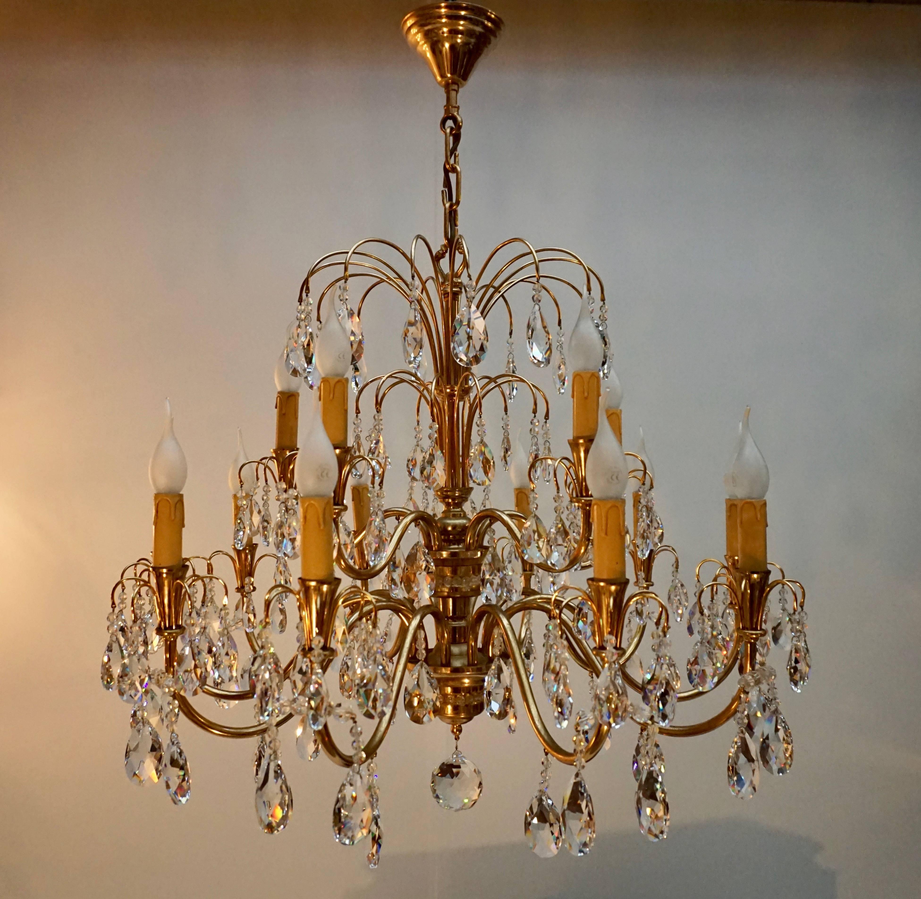 20th Century Brass and Crystal Glass Chandelier