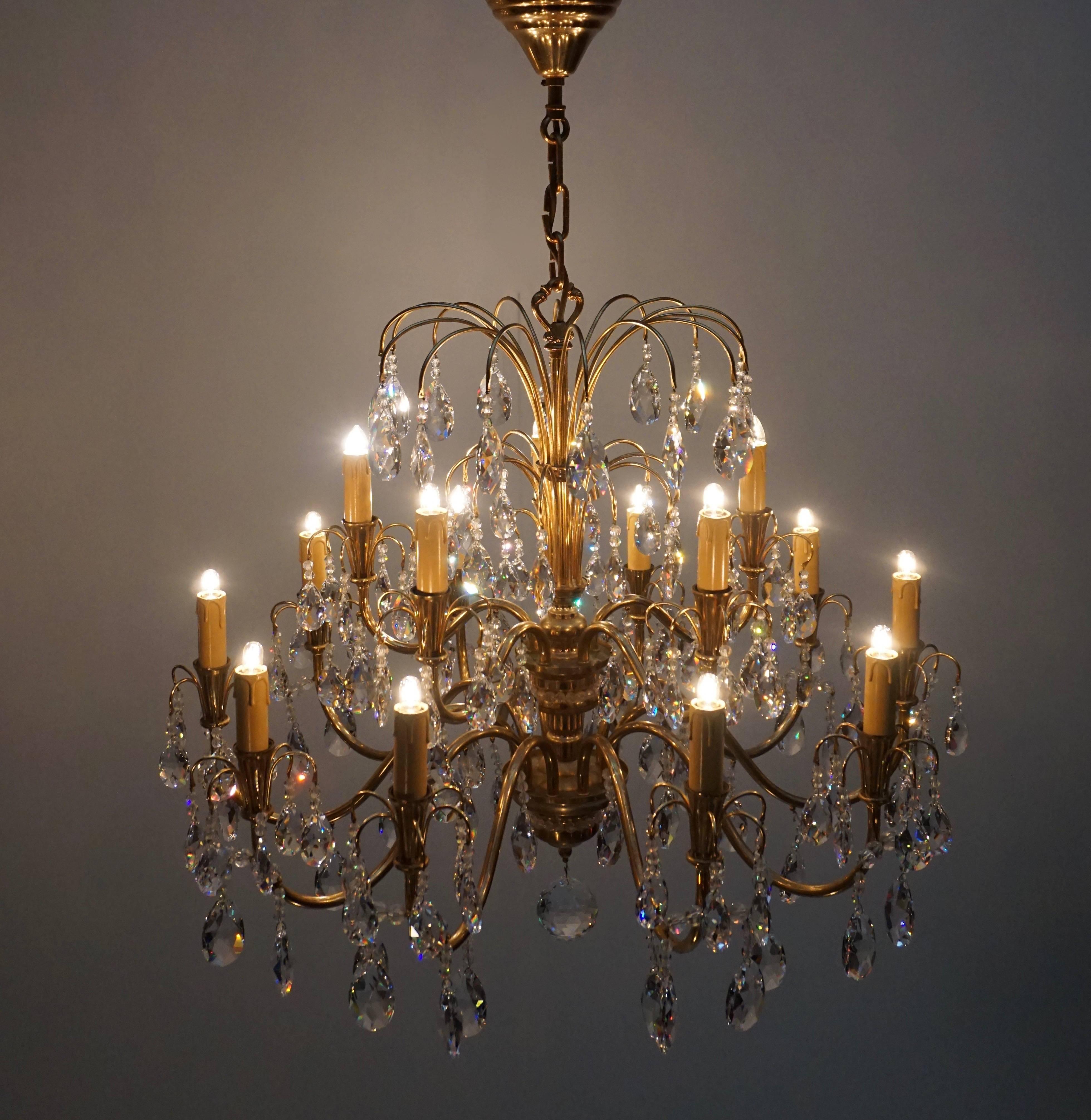 Hollywood Regency Brass and Crystal Glass Chandelier