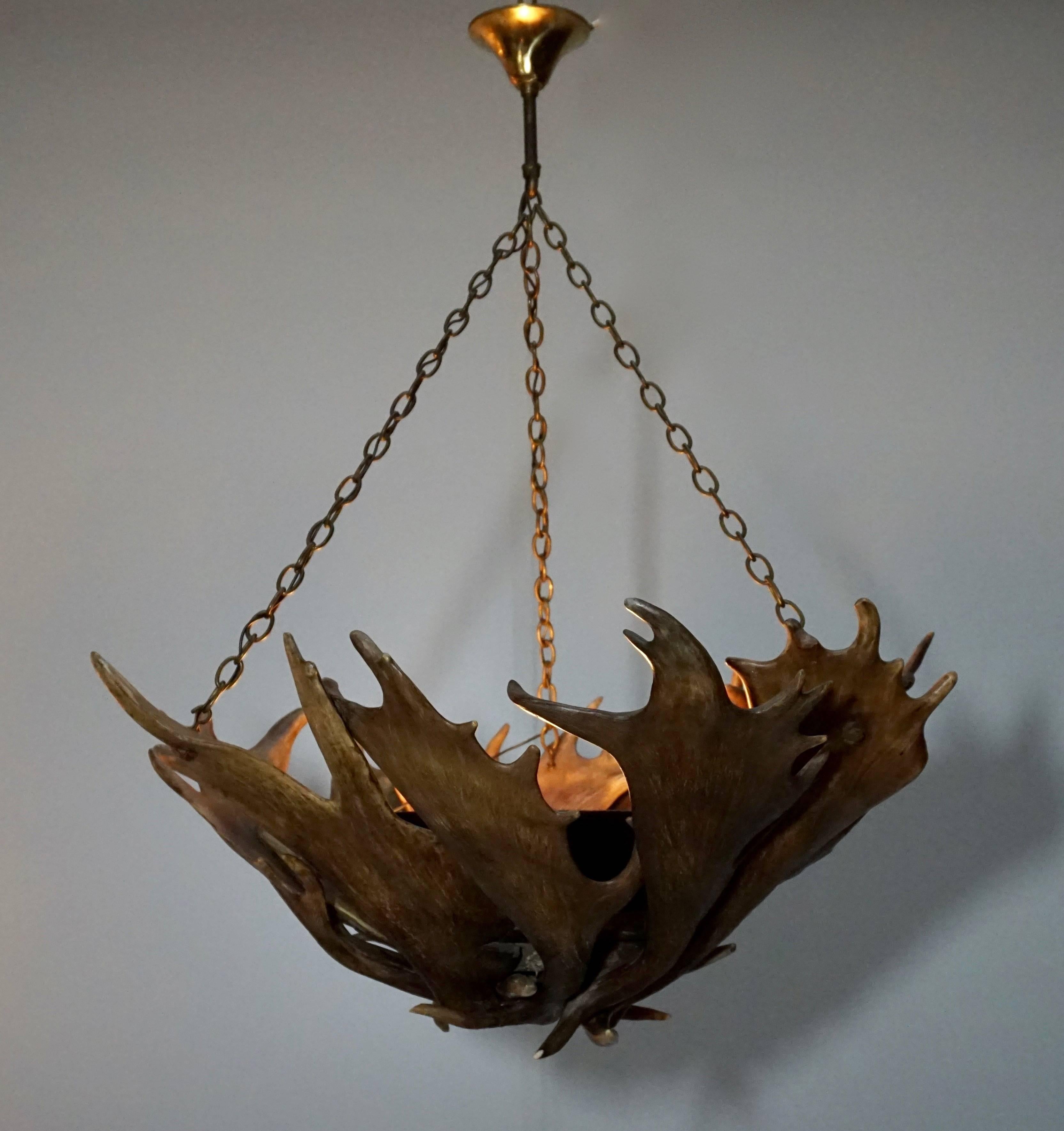 Exclusive lamp made from antlers of fallow deer.
Measures: Diameter 67 cm.
height fixture 27 cm.
Total height 80 cm.
One E27 bulb.