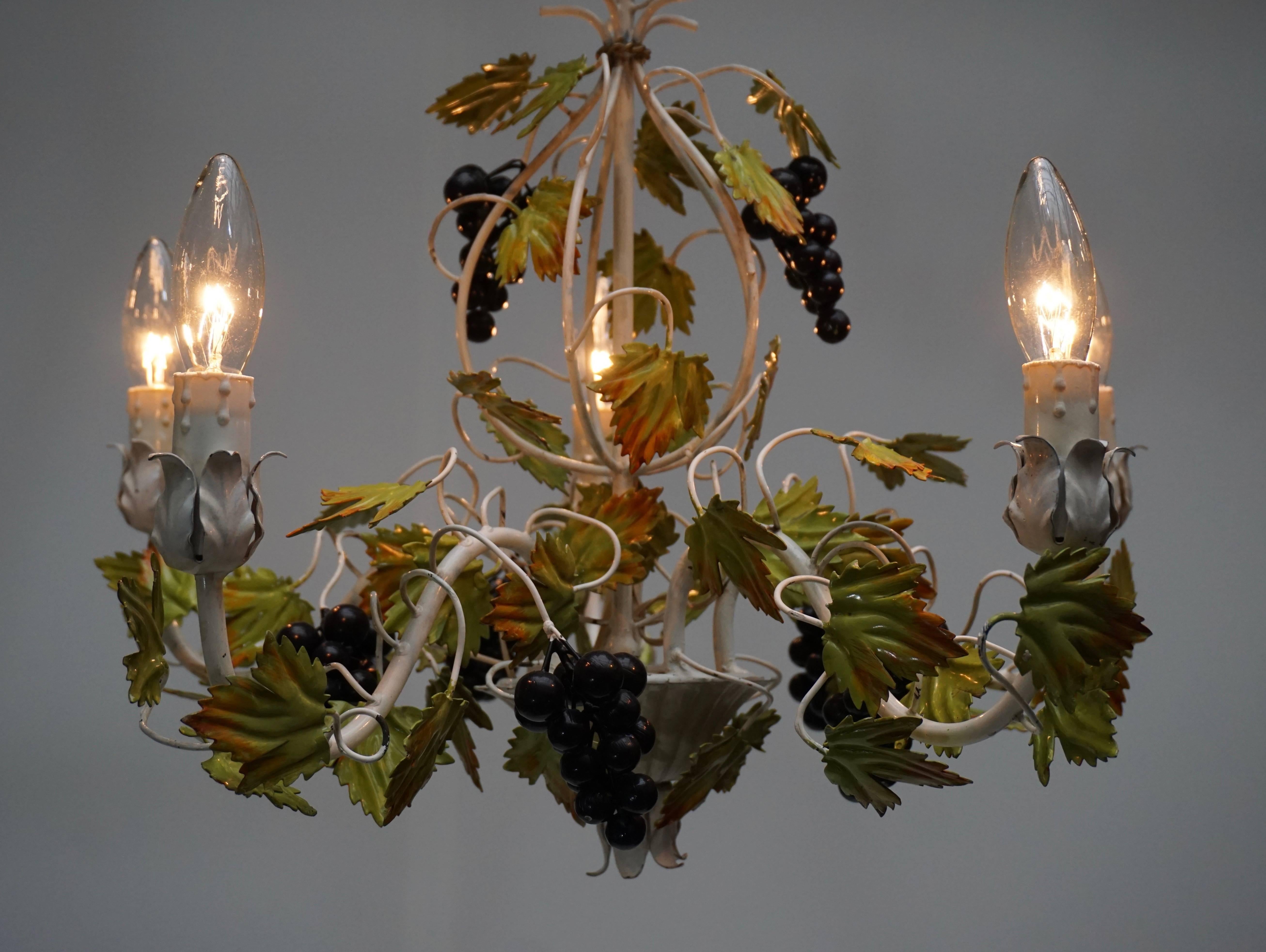 Mid-Century Modern Metal Painted Chandelier with Bunches of Grapes For Sale
