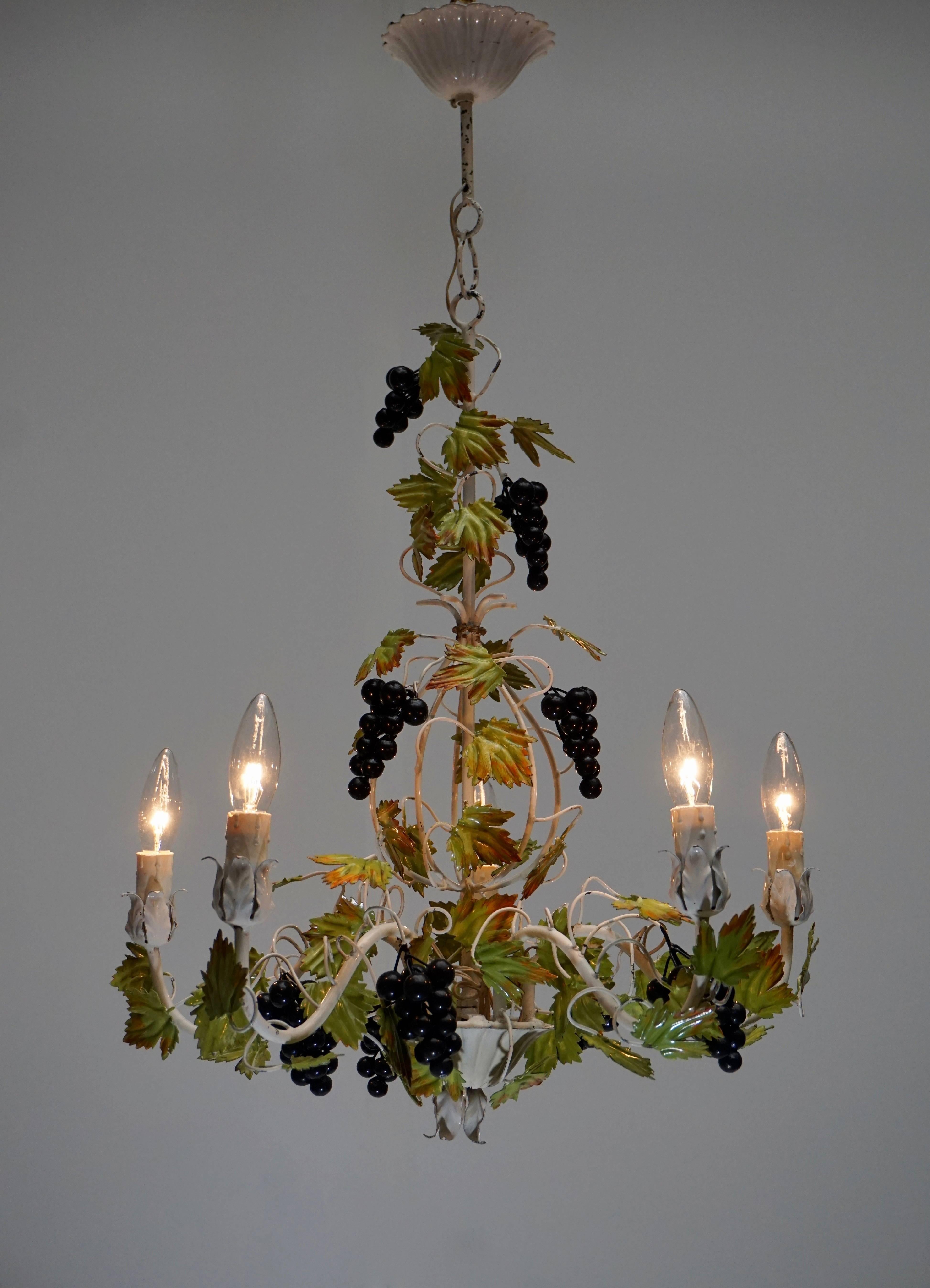 20th Century Metal Painted Chandelier with Bunches of Grapes For Sale