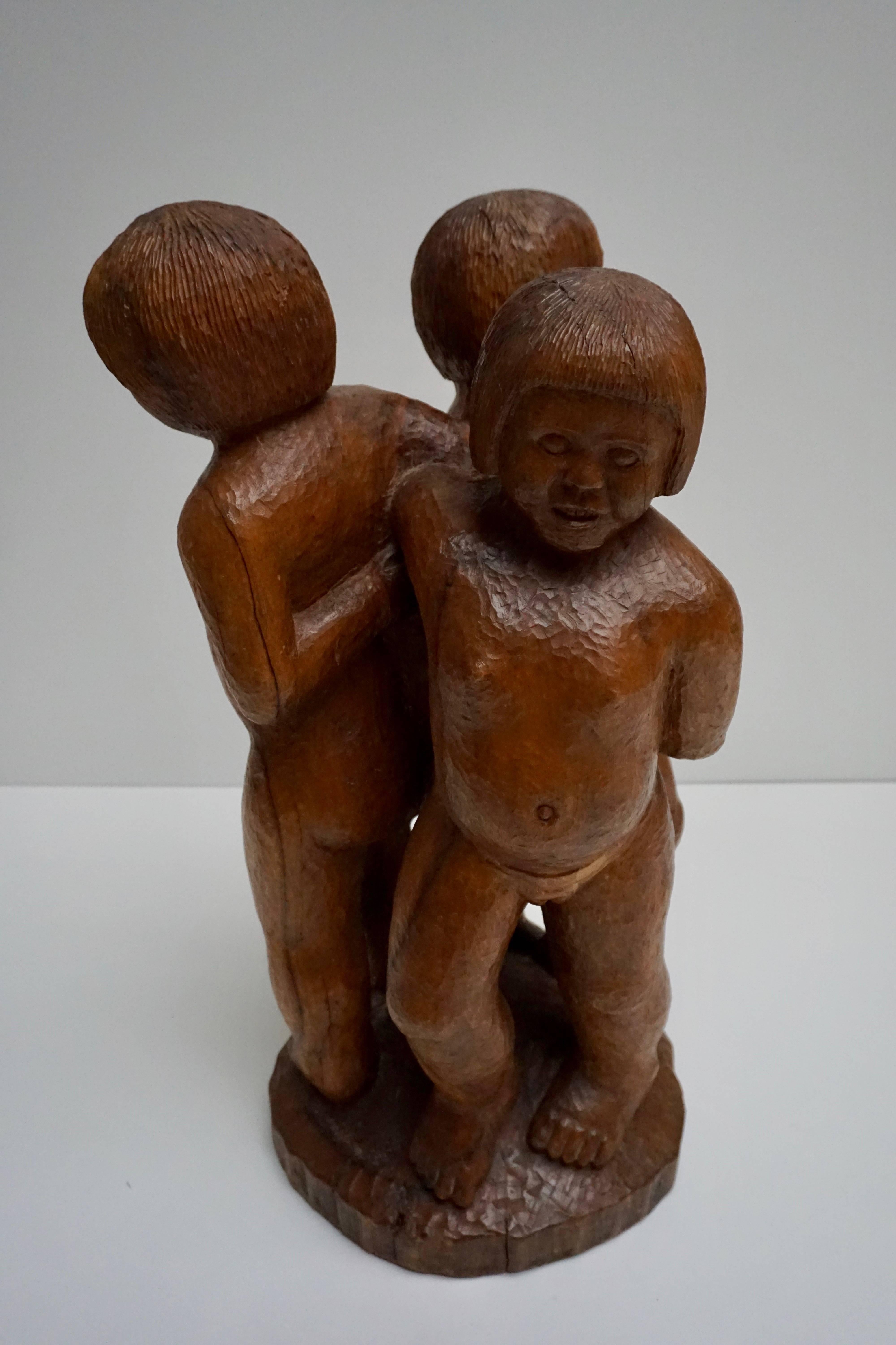 Late 20th Century Sculpture in Wood of Three Young Nudes