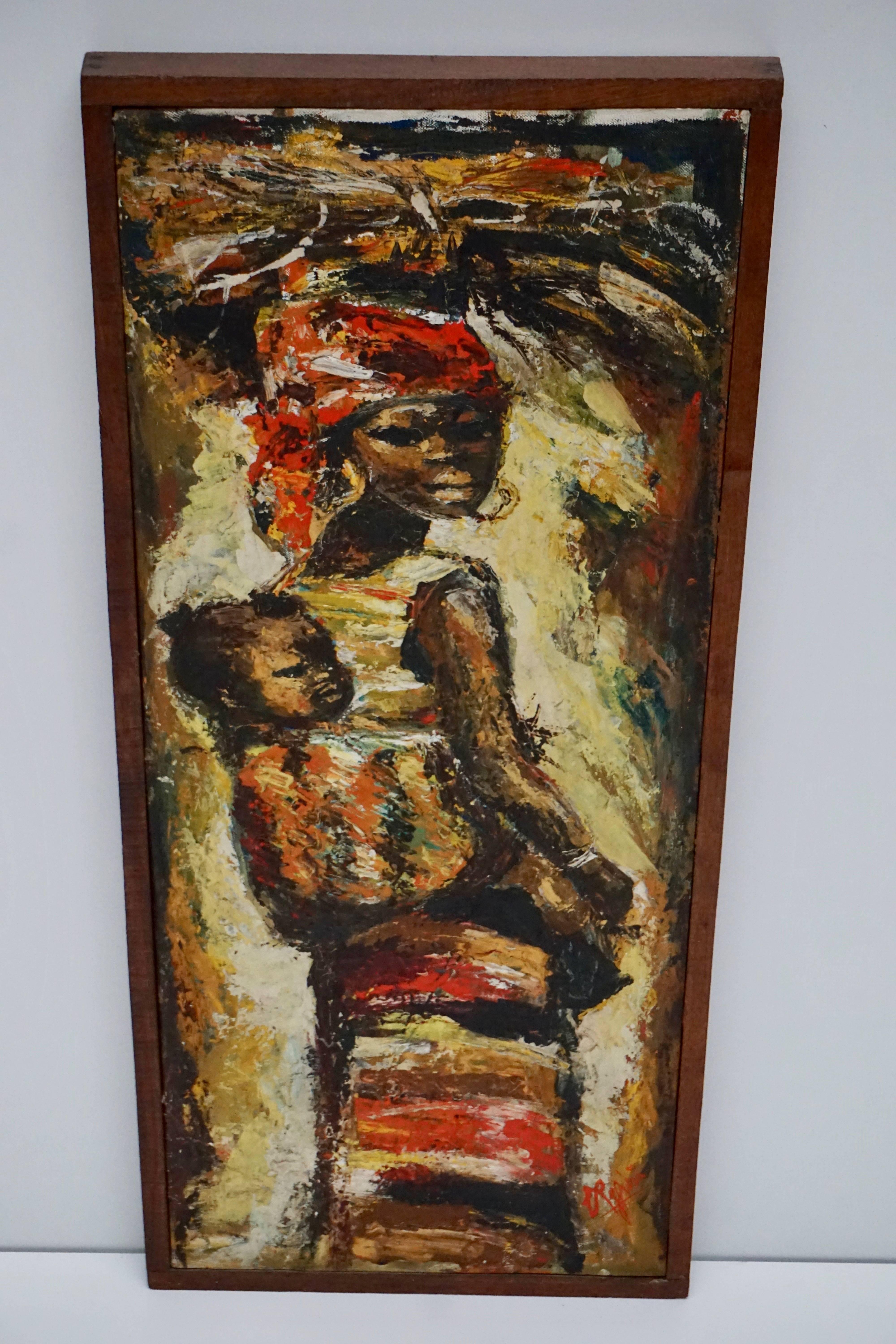 Mid-Century Modern African Painting Woman and Child Kongo