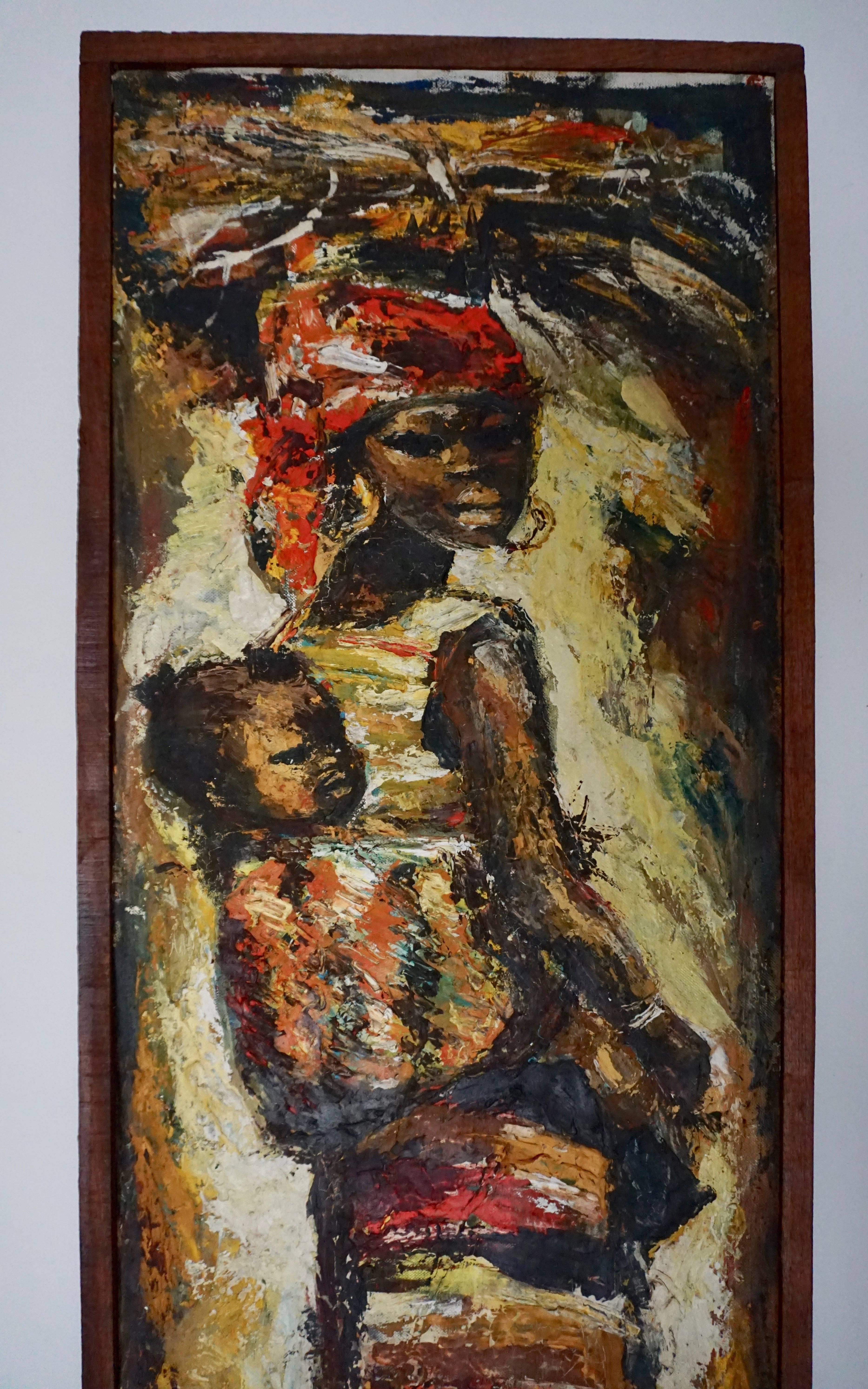 African painting of a woman and her child.
It depicts a woman in a colorful dress carrying her child in a sash.
The artist signed the piece on the bottom of the painting.
Height:84 cm.
Width:36 cm.
Depth:4 cm.