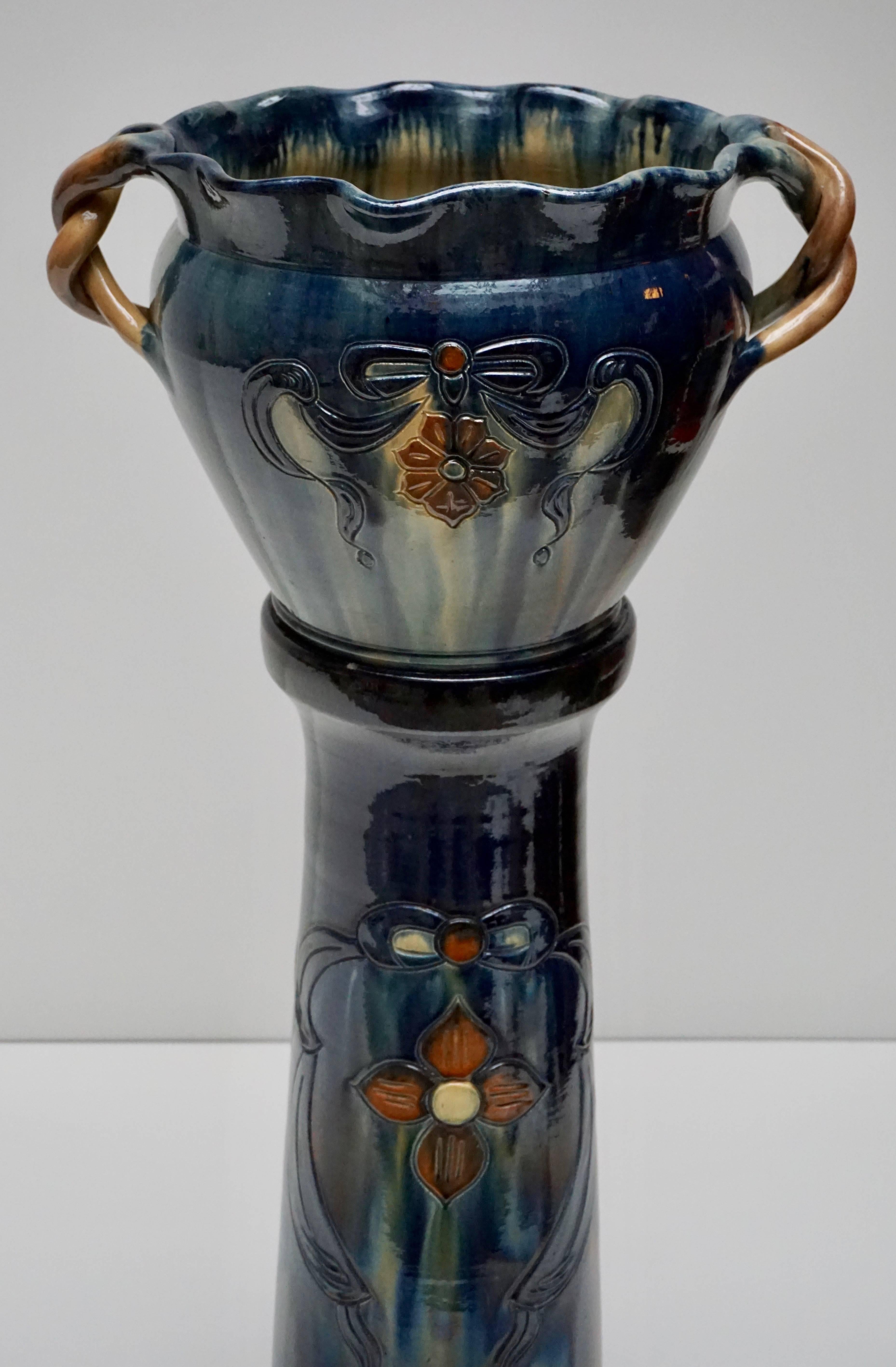 Painted Big Richly Glazed Hand Thrown Ceramic Handled Planter on a Column