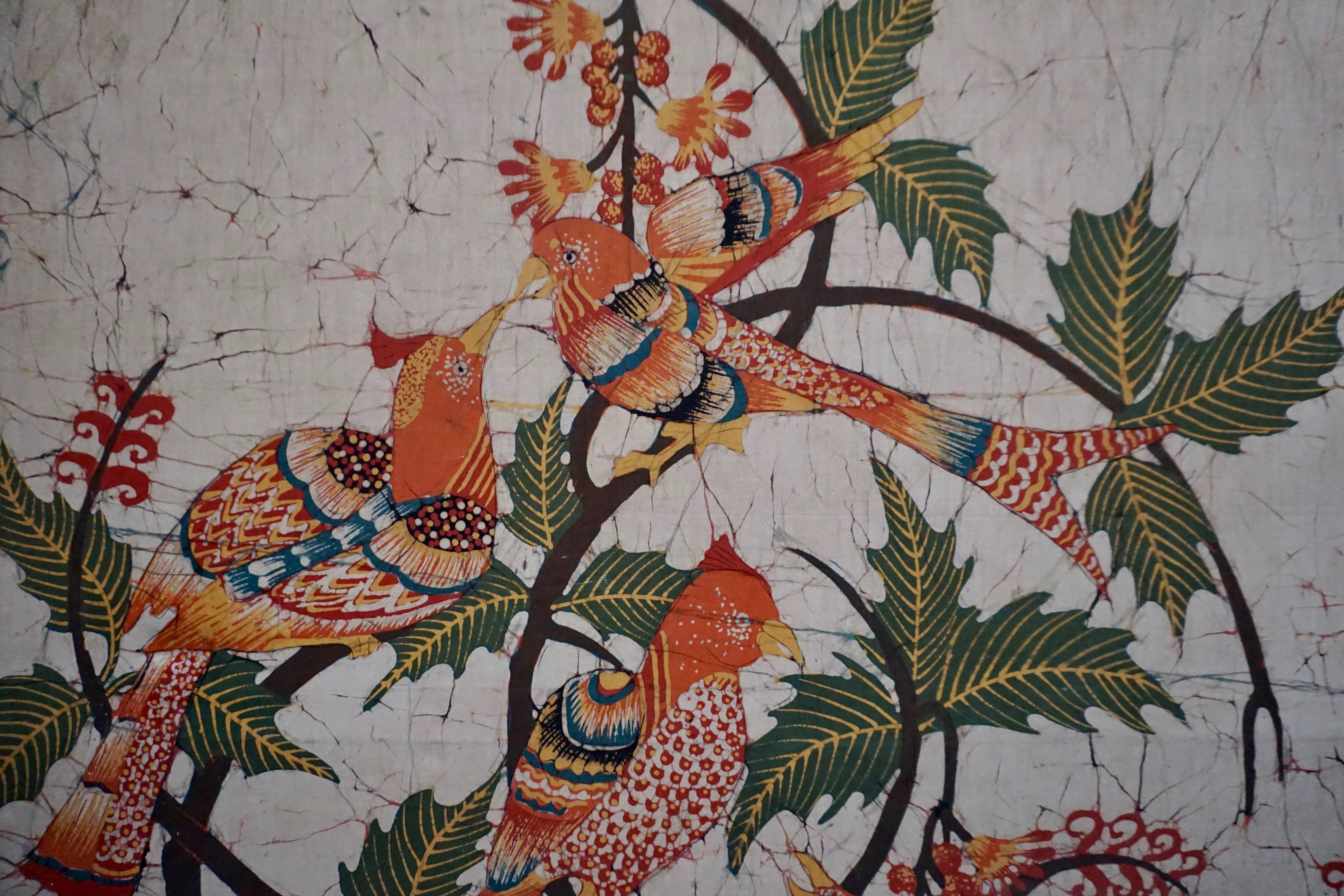 Colorful Large Batik Fabric Painting with Birds In Good Condition In Antwerp, BE