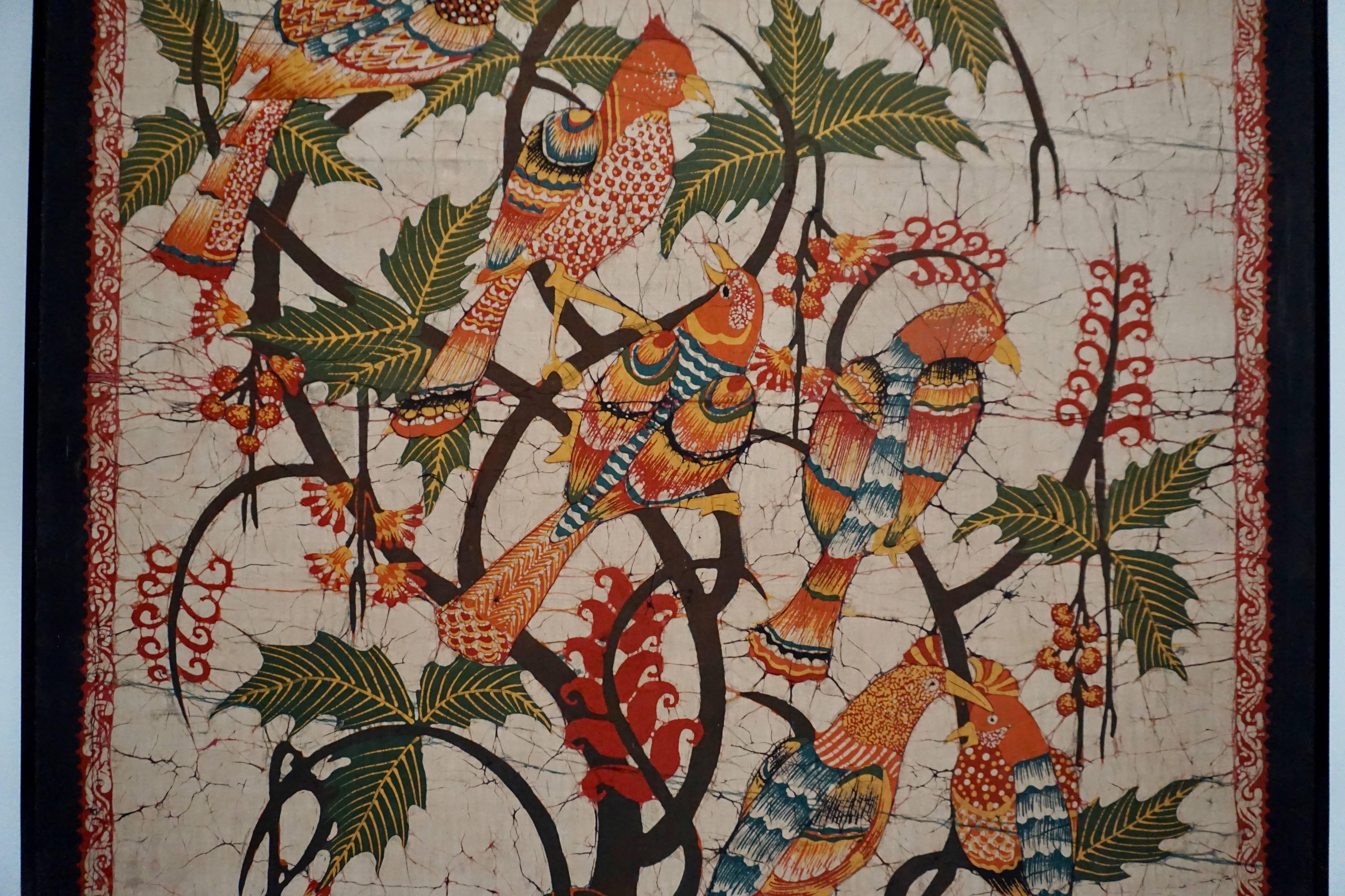 Mid-Century Modern Colorful Large Batik Fabric Painting with Birds