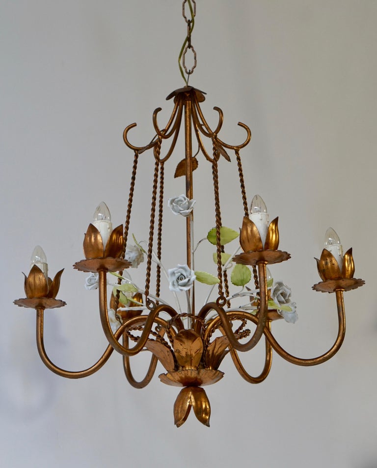 Brass Chandelier With Porcelain Flowers For At 1stdibs Brass Chandelier With Porcelain Flowers For