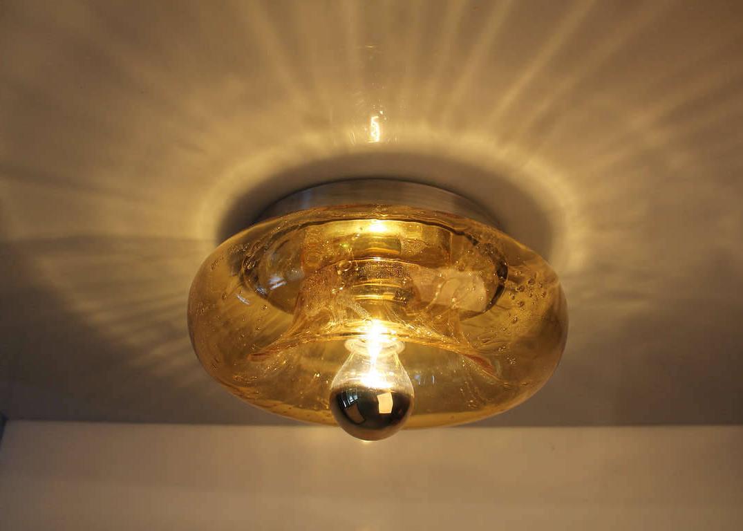 20th Century Nine Doria Amber Glass and Brass Wall Light Sconces or Flush Mount For Sale