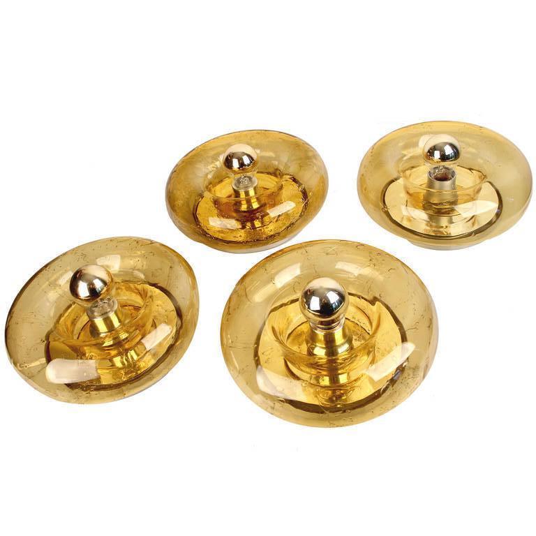 One of Three Doria Amber Glass and Brass Wall Light Sconces or Flush Mount In Good Condition For Sale In Antwerp, BE