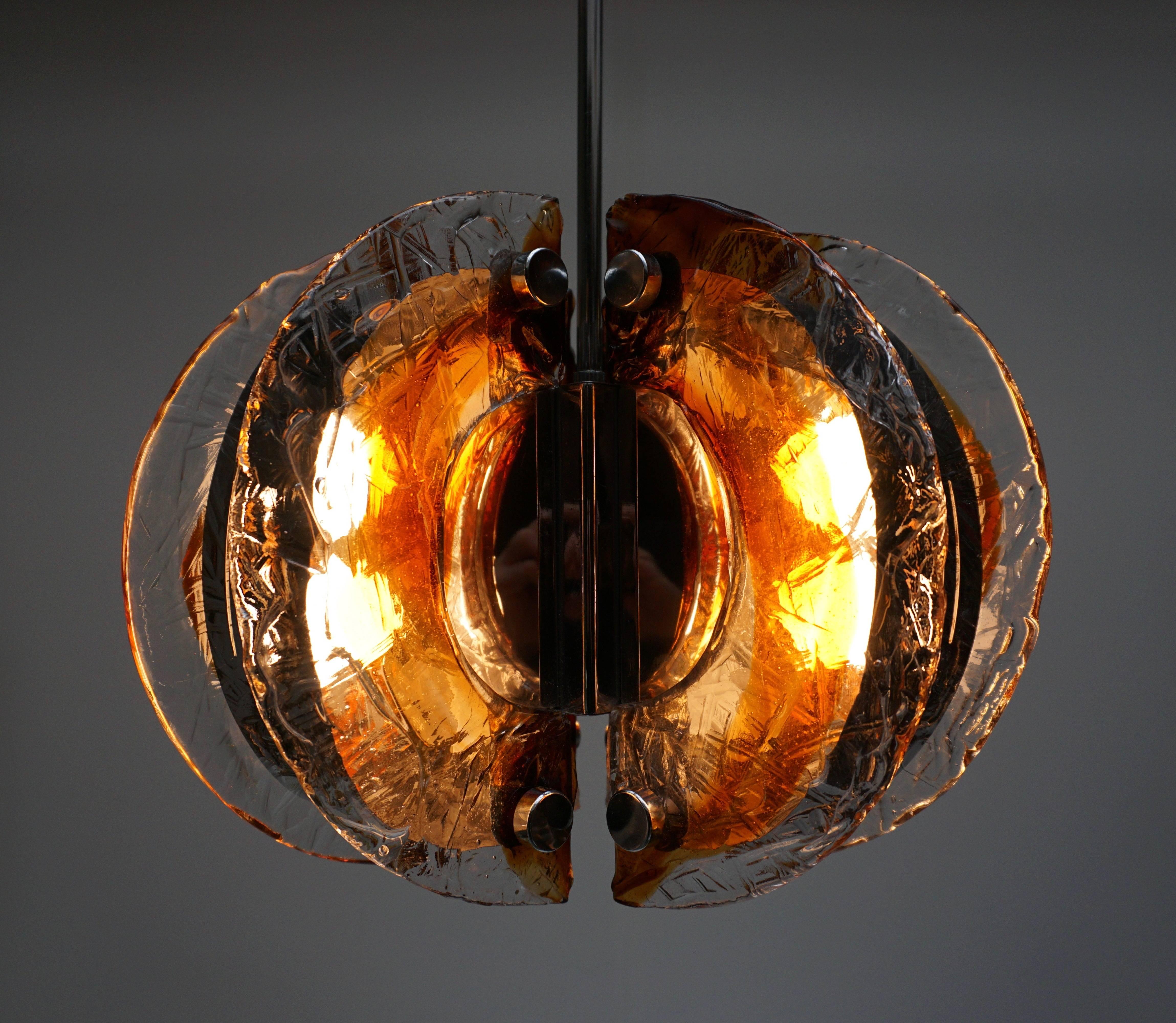 Mid-Century Modern Murano Clear and Amber Glass Chandelier, Italy, 1970s For Sale