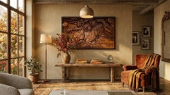 Large Mid-20th Century Chinese Deeply Carved Wooden Plaque with Tiger and Bamboo