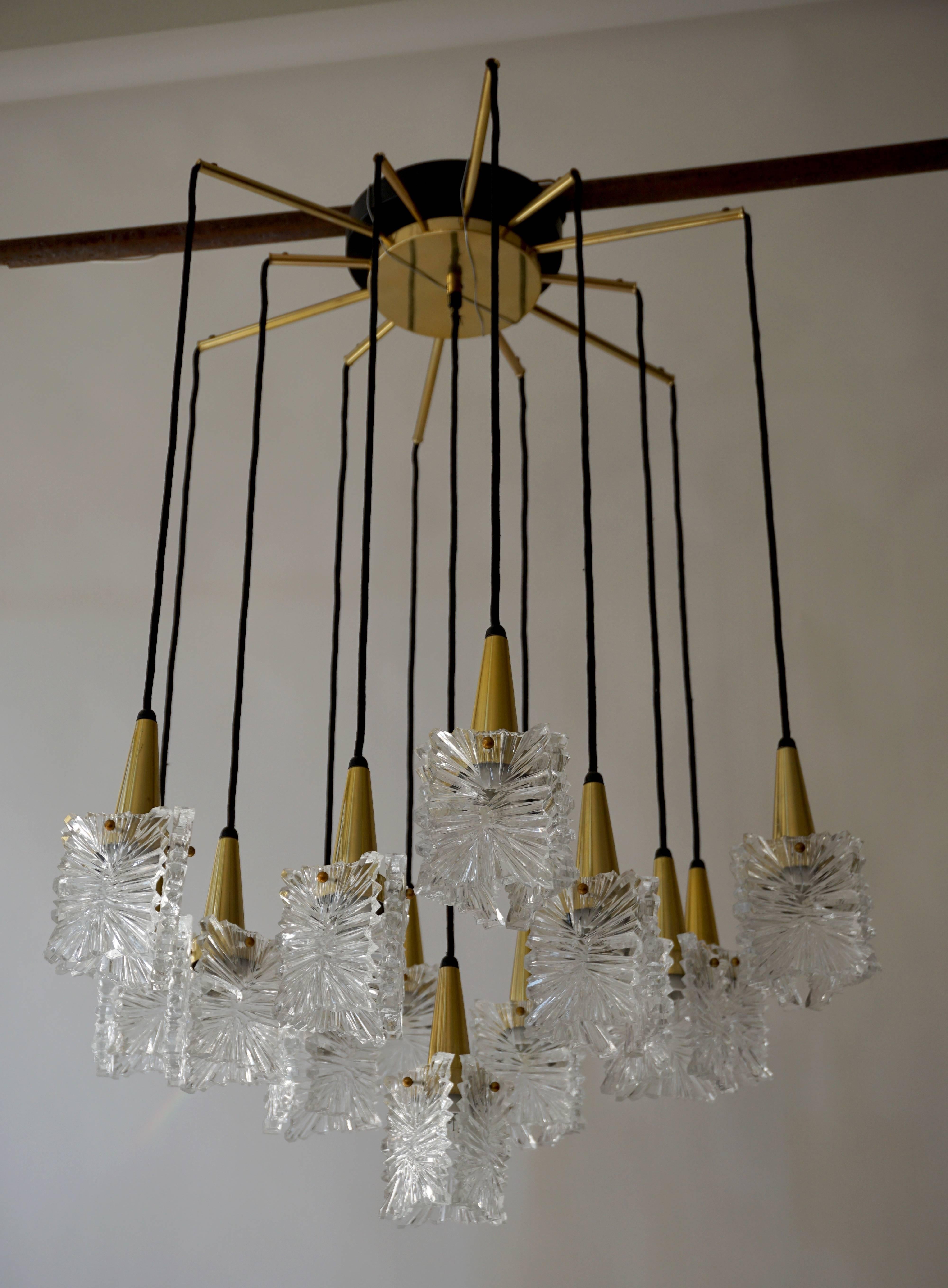 Mid-Century Modern Chandelier in Glass and Brass by Raak  For Sale