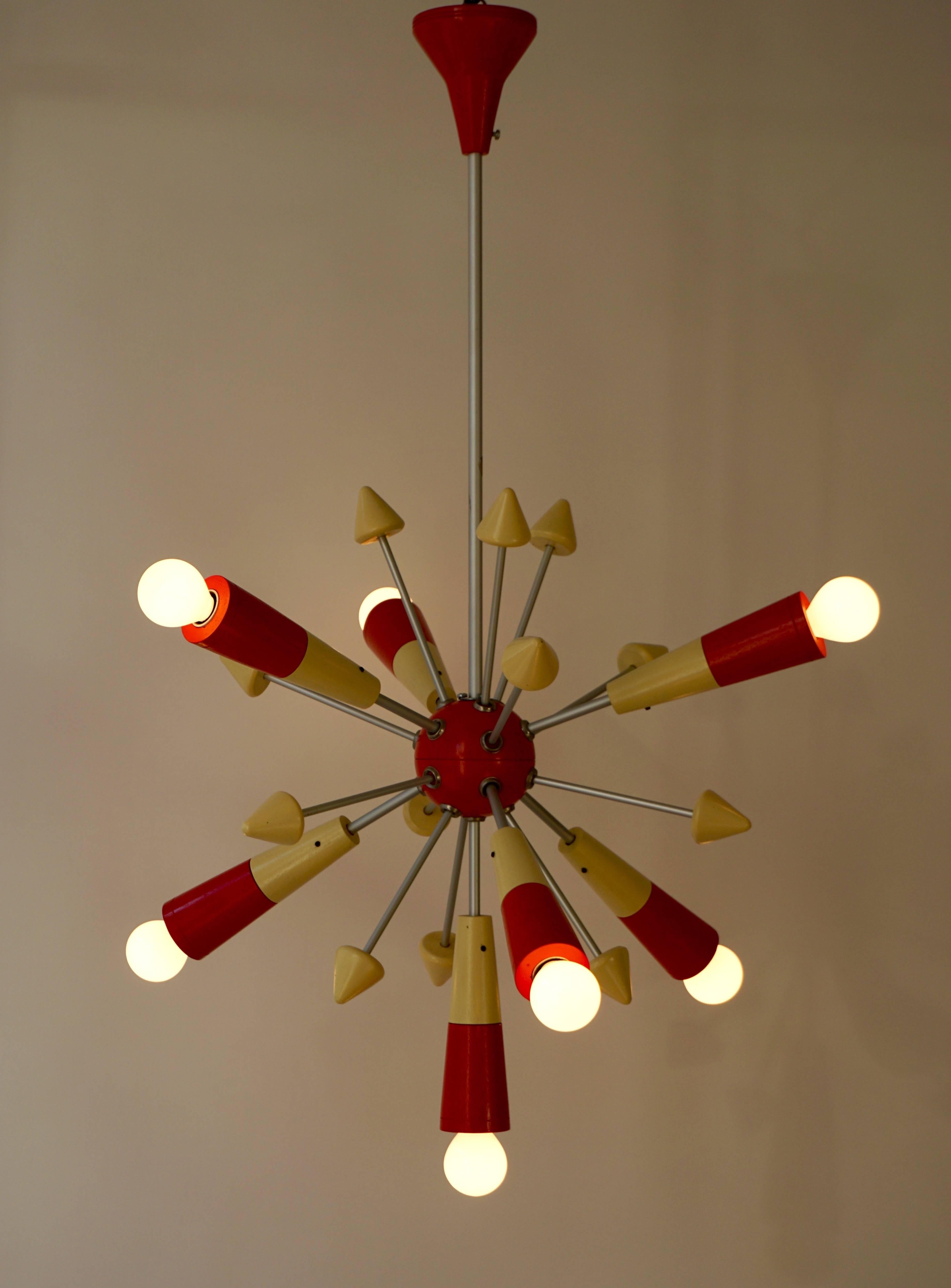 Nineteen-arm new Sputnik chandelier, the arms emanating in all directions from a center sphere. 
Seven E14 Bulbs.