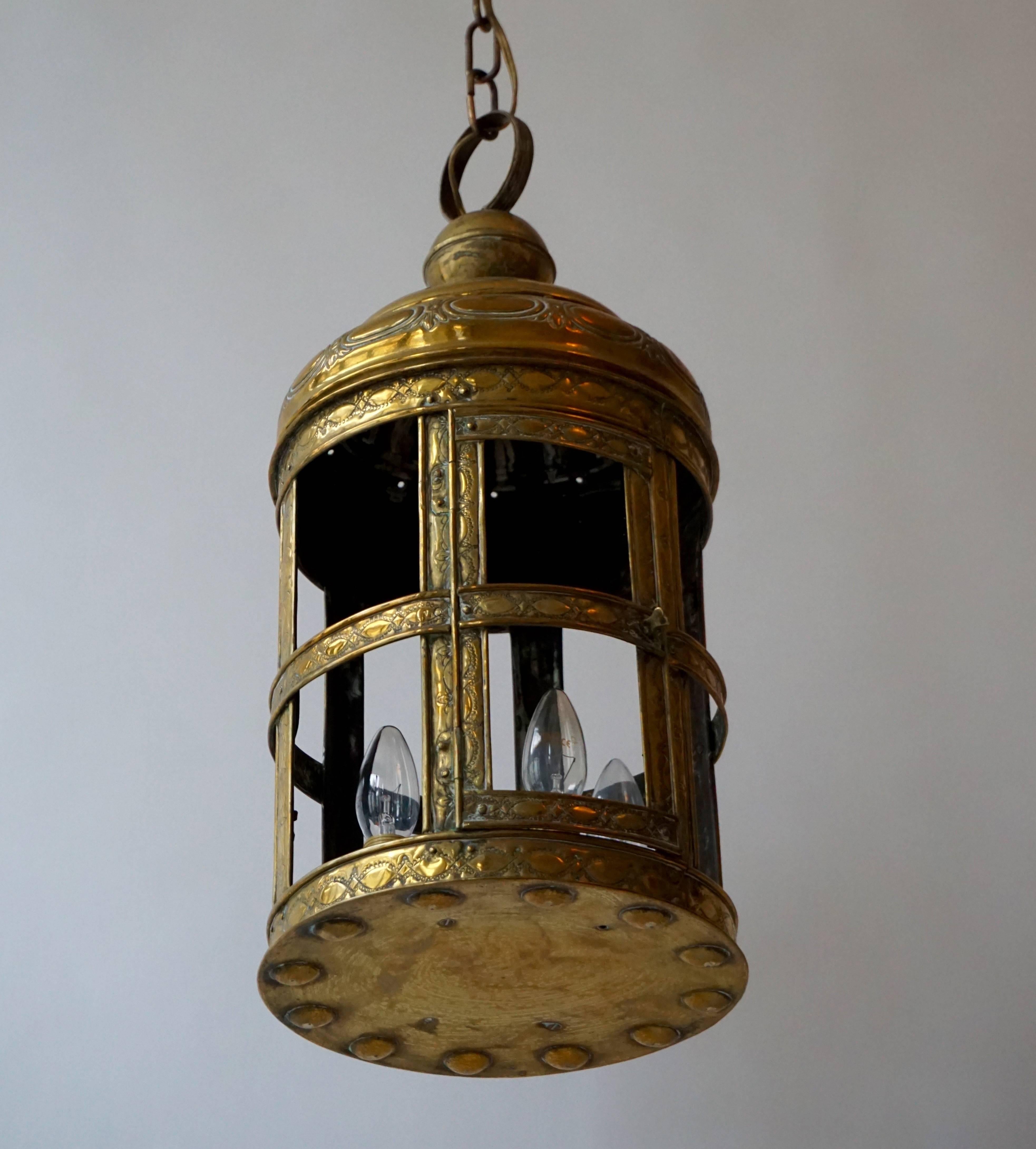 Italian Antique Arts and Crafts Large Brass Lantern For Sale
