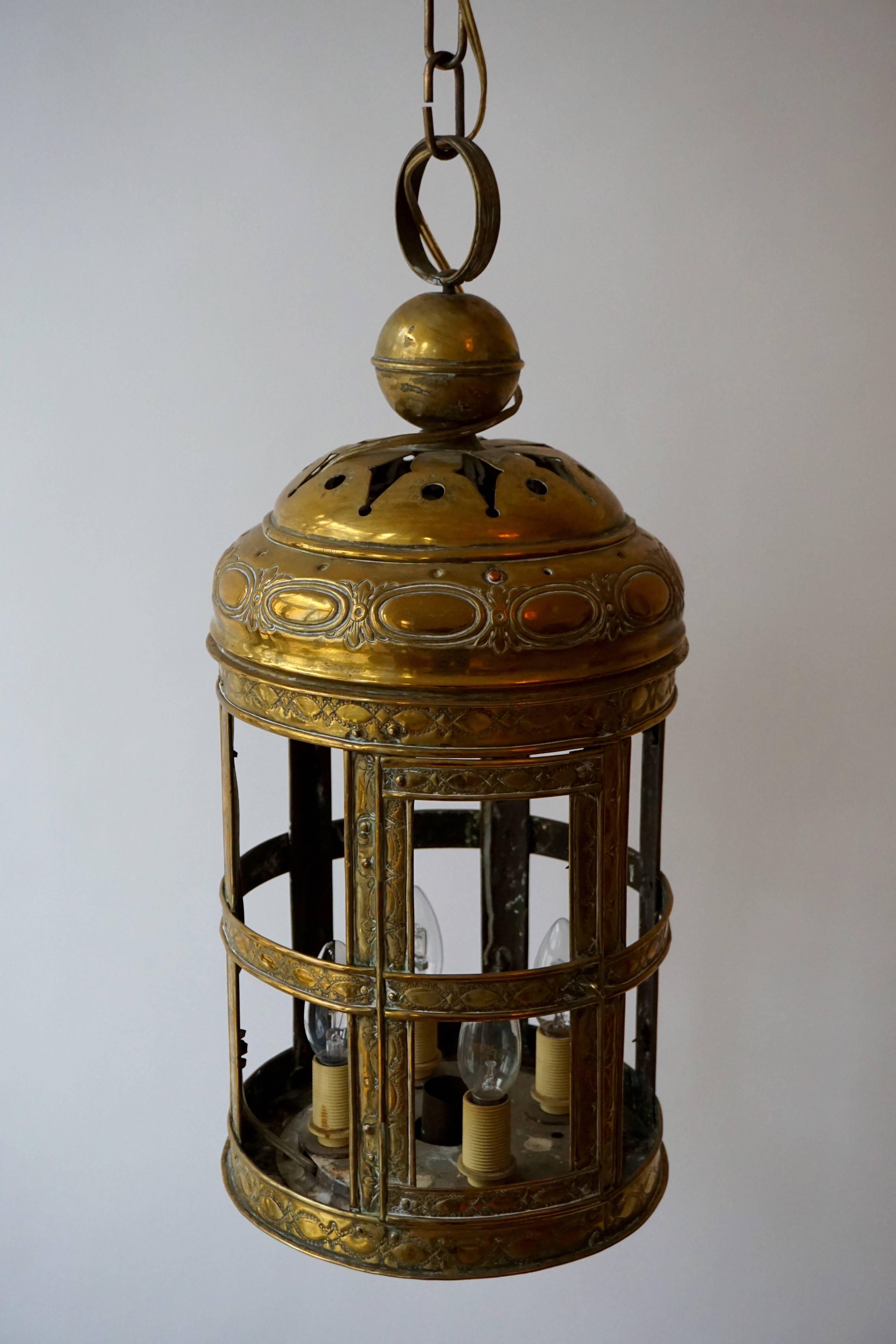 Hammered Antique Arts and Crafts Large Brass Lantern For Sale