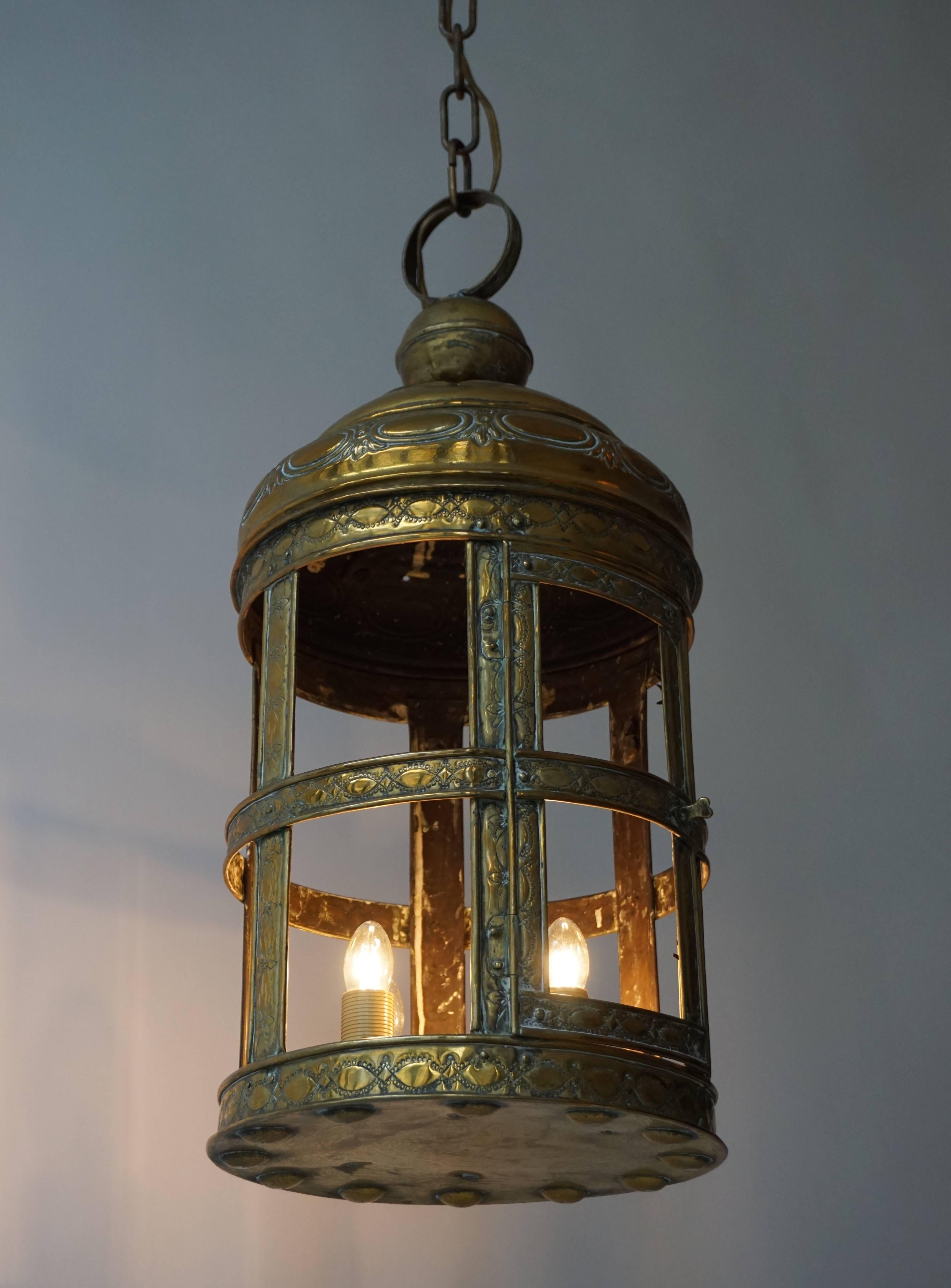 Mid-Century Modern Antique Arts and Crafts Large Brass Lantern For Sale