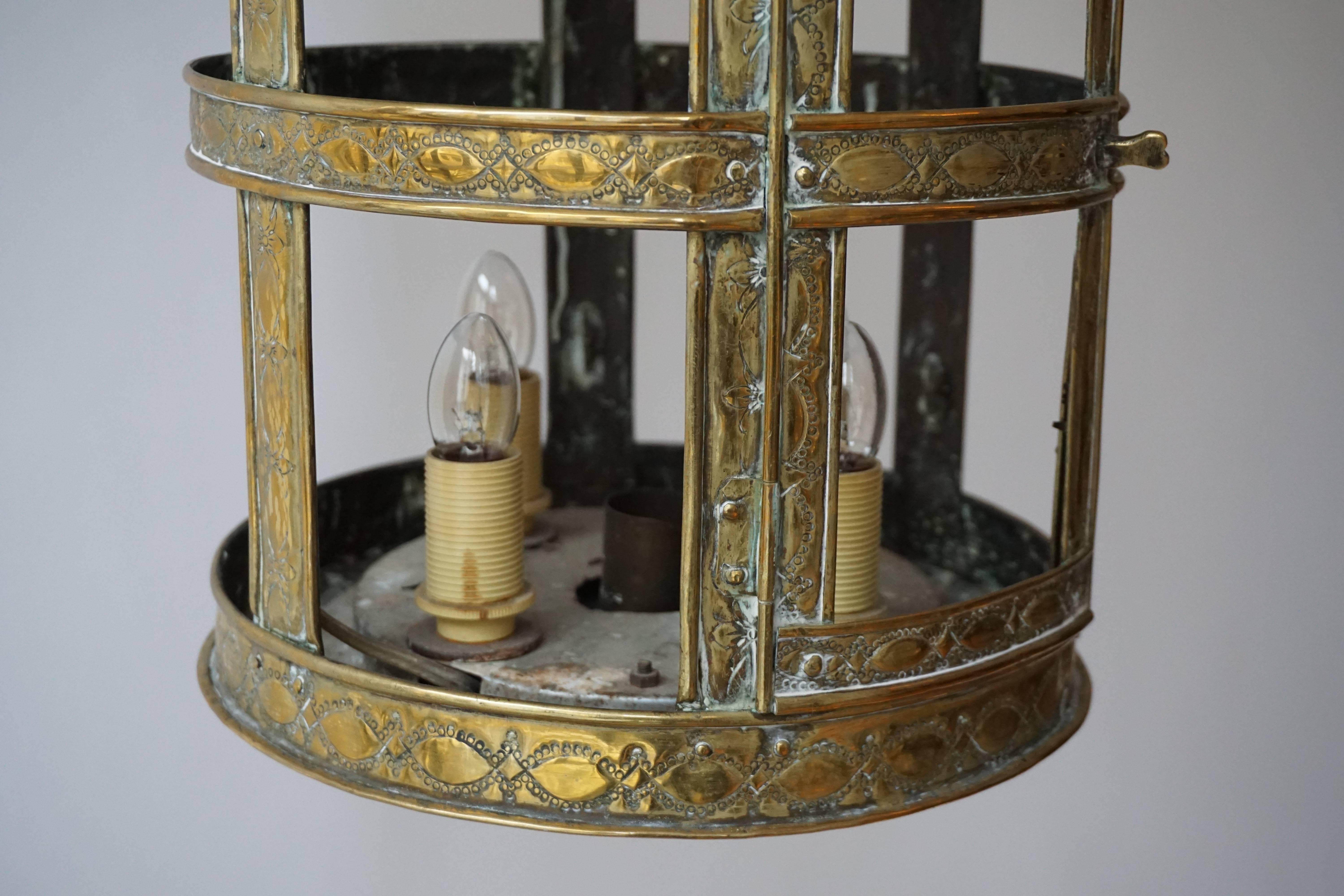 19th Century Antique Arts and Crafts Large Brass Lantern For Sale
