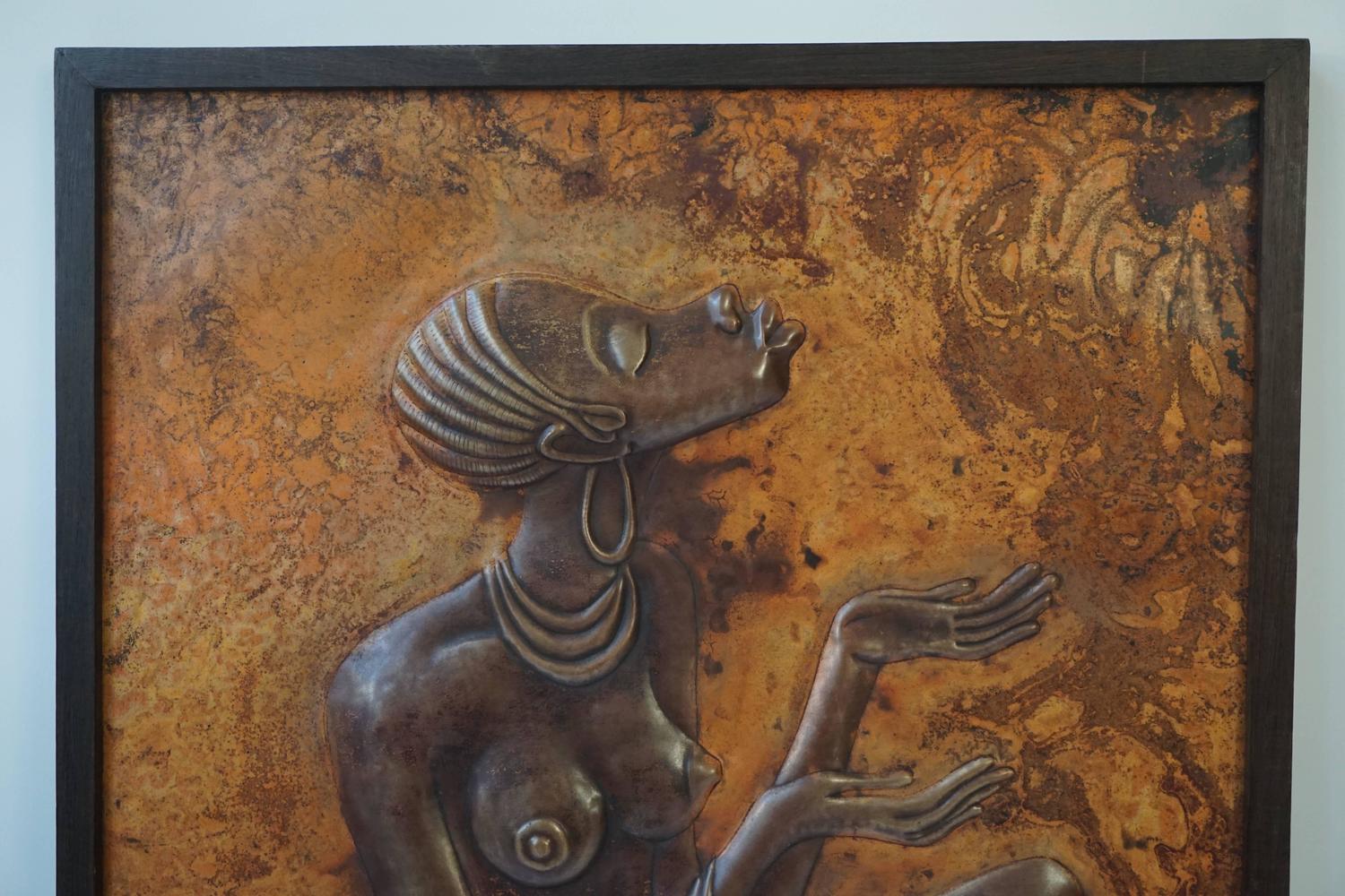 Hammered Copper Wall Relief Sculpture Panel with African Woman For Sale
